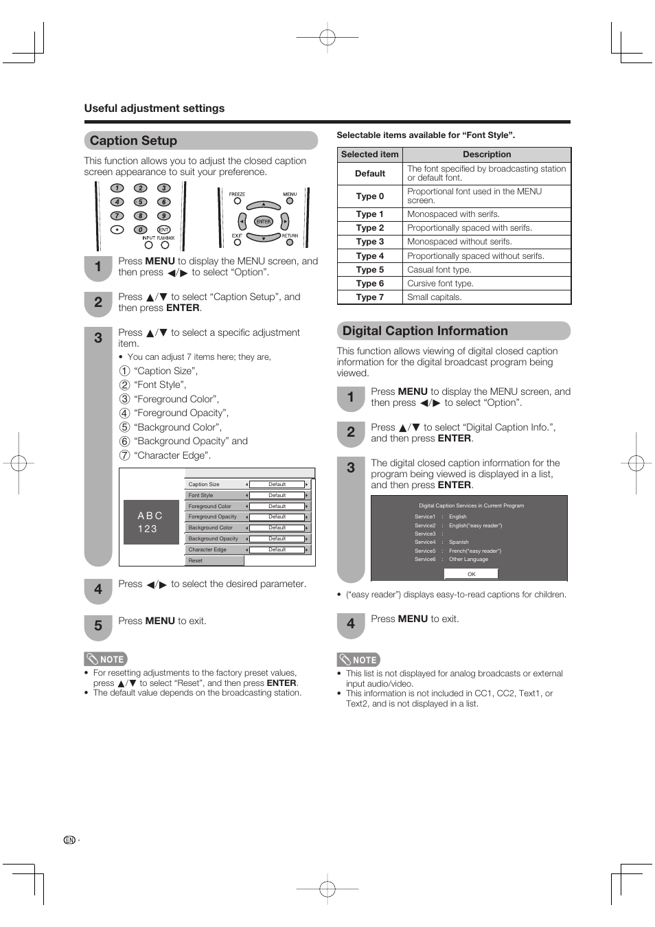 Caption setup, Digital caption information, Useful adjustment settings | Sharp Aquos LC 65D64U User Manual | Page 42 / 70