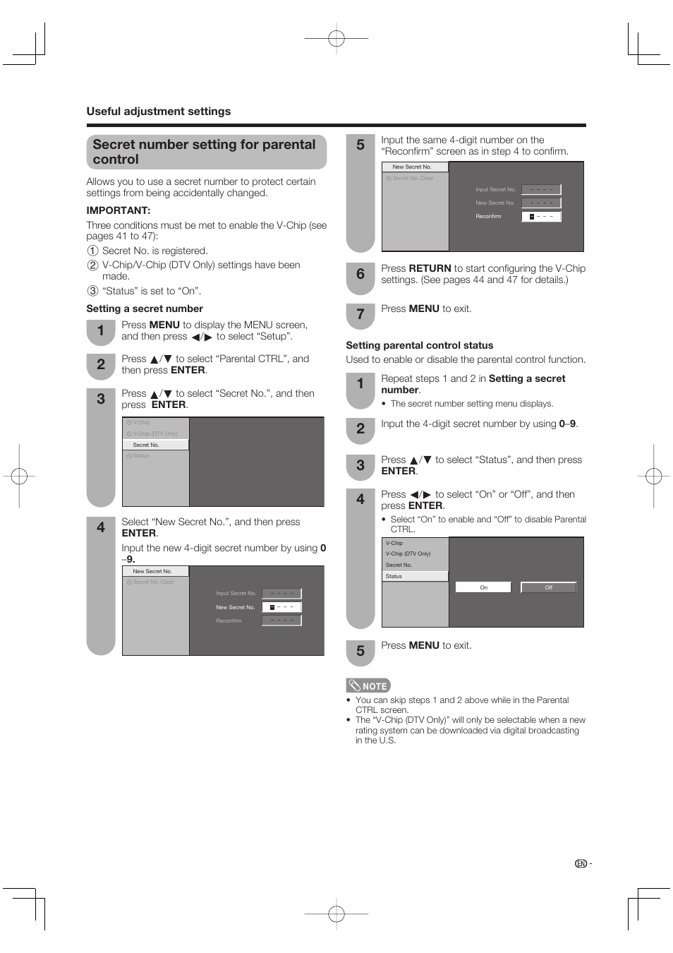 Secret number setting for parental control, Useful adjustment settings | Sharp Aquos LC 65D64U User Manual | Page 43 / 70