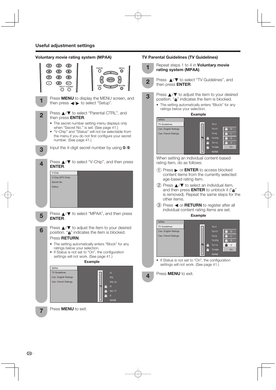 Useful adjustment settings | Sharp Aquos LC 65D64U User Manual | Page 46 / 70