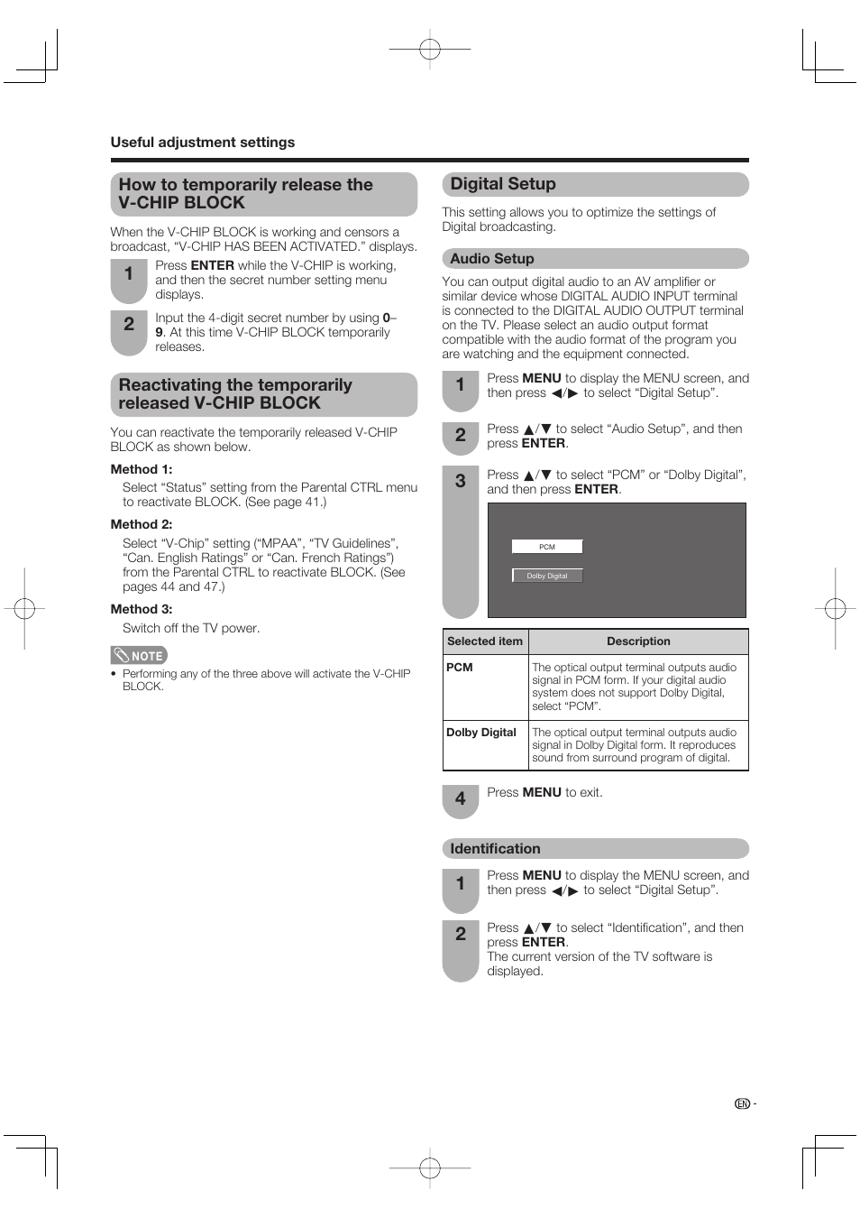How to temporarily release the v-chip block, Reactivating the temporarily released v-chip block, Digital setup | Audio setup, Identification | Sharp Aquos LC 65D64U User Manual | Page 49 / 70