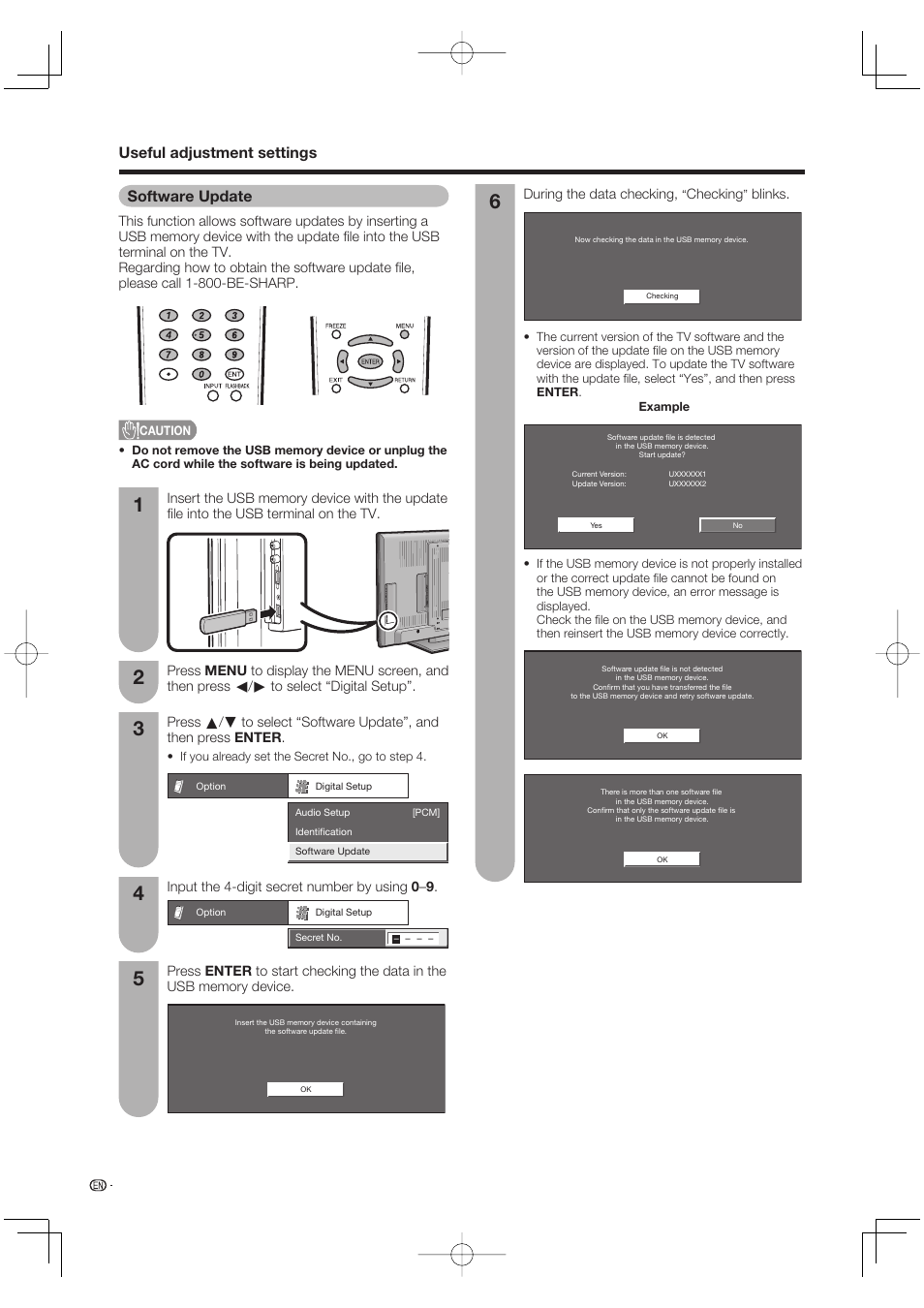 Software update, Useful adjustment settings software update | Sharp Aquos LC 65D64U User Manual | Page 50 / 70