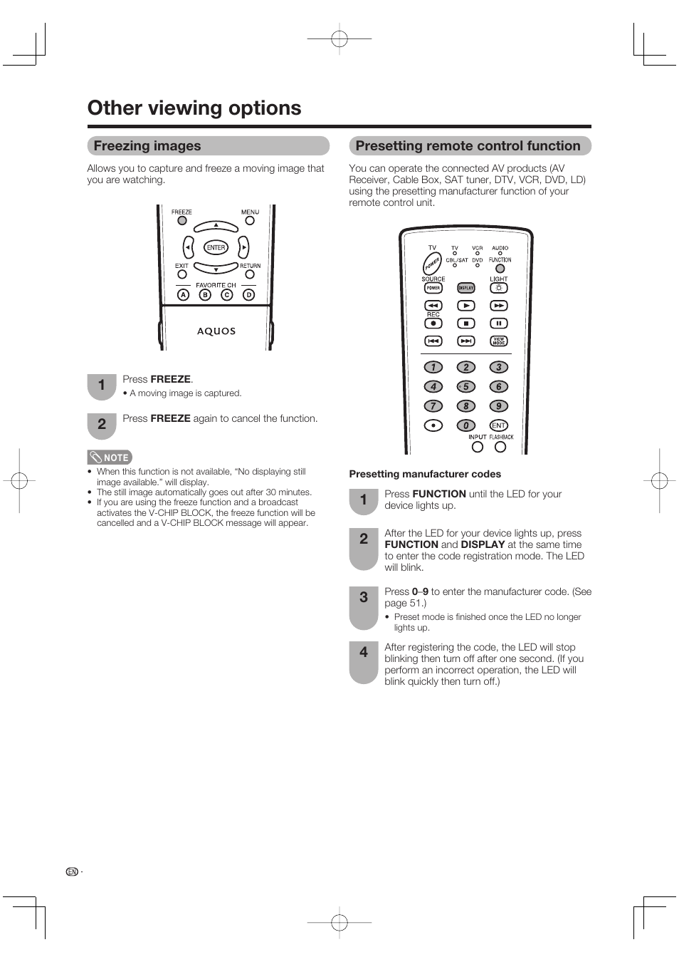 Other viewing options, Freezing images, Presetting remote control function | Sharp Aquos LC 65D64U User Manual | Page 52 / 70