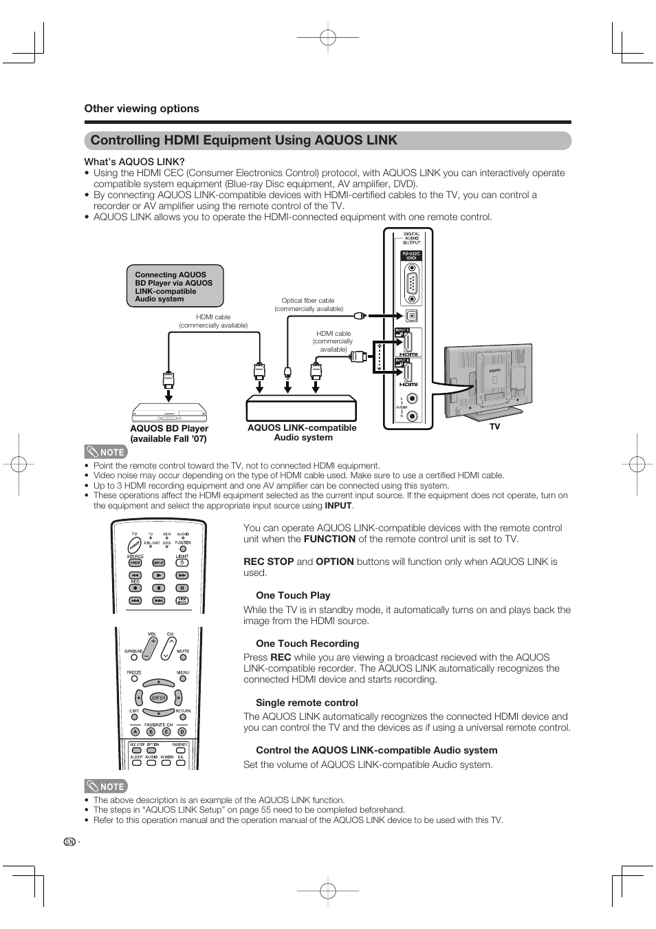 Controlling hdmi equipment using aquos link | Sharp Aquos LC 65D64U User Manual | Page 56 / 70
