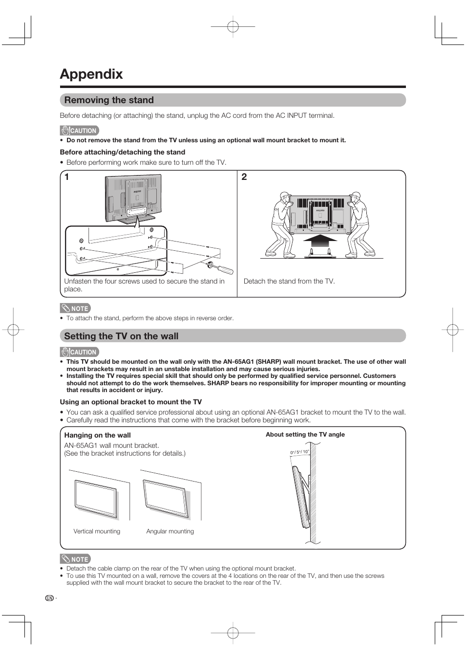Appendix, Removing the stand, Setting the tv on the wall | Sharp Aquos LC 65D64U User Manual | Page 60 / 70