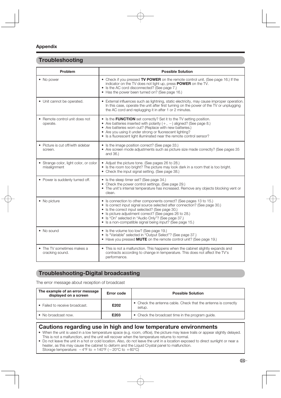 Troubleshooting, Troubleshooting-digital broadcasting | Sharp Aquos LC 65D64U User Manual | Page 61 / 70