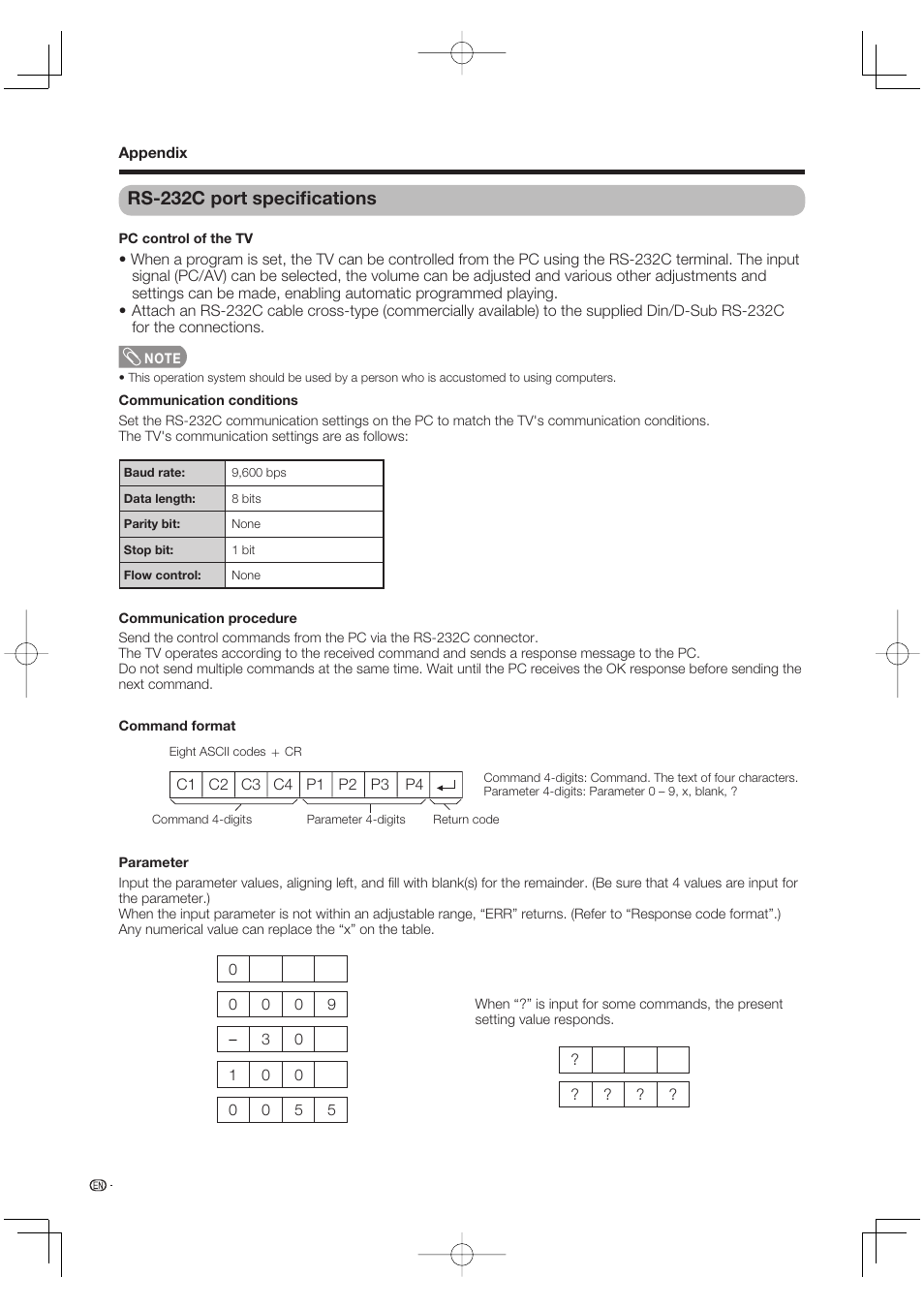 Rs-232c port specifications, Rs-232c port specifi cations | Sharp Aquos LC 65D64U User Manual | Page 62 / 70