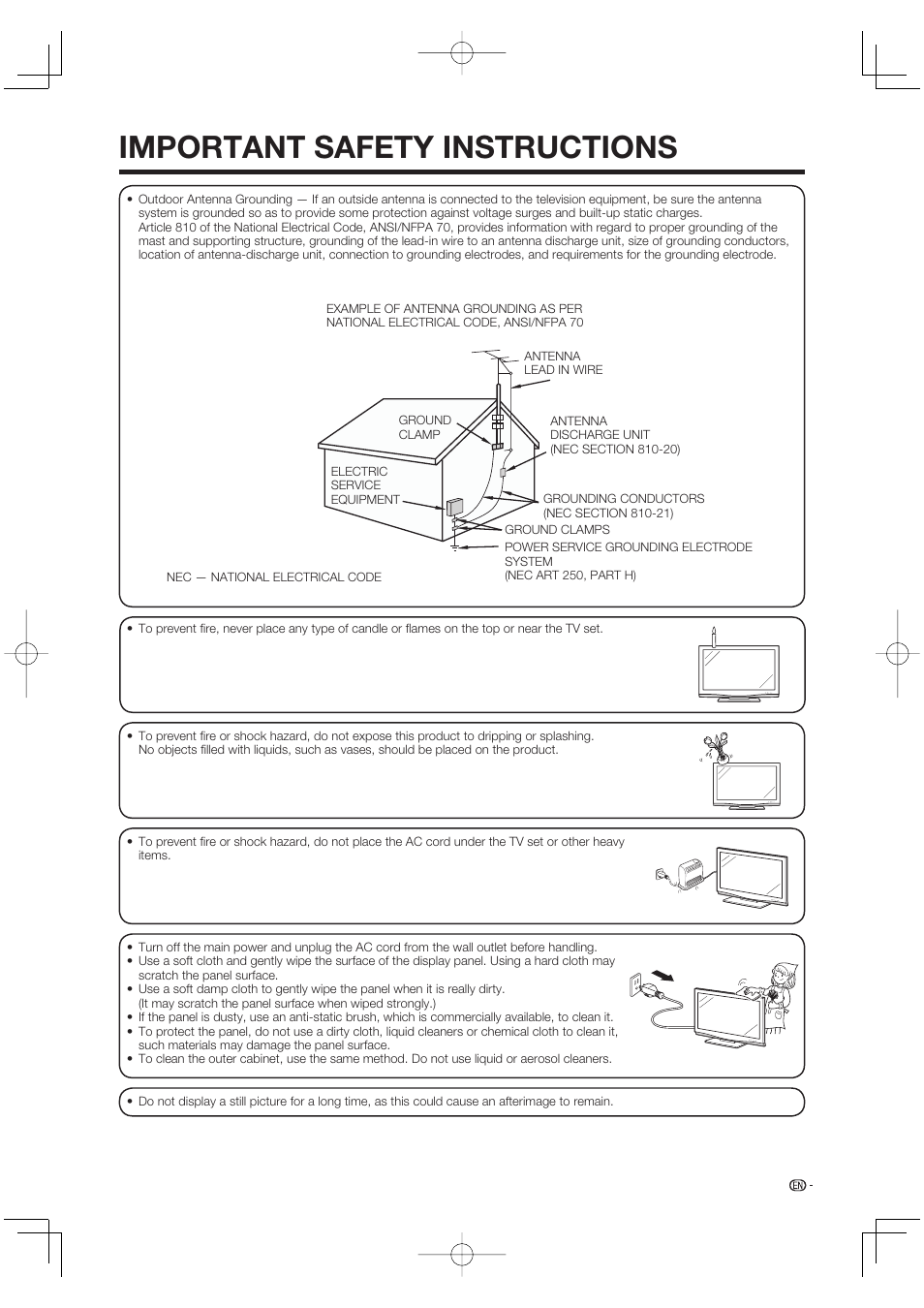 Important safety instructions | Sharp Aquos LC 65D64U User Manual | Page 7 / 70