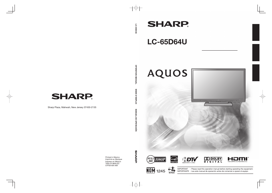 Lc-65d64u, Sharp electronics corporation, Sharp corporation | Sharp Aquos LC 65D64U User Manual | Page 70 / 70