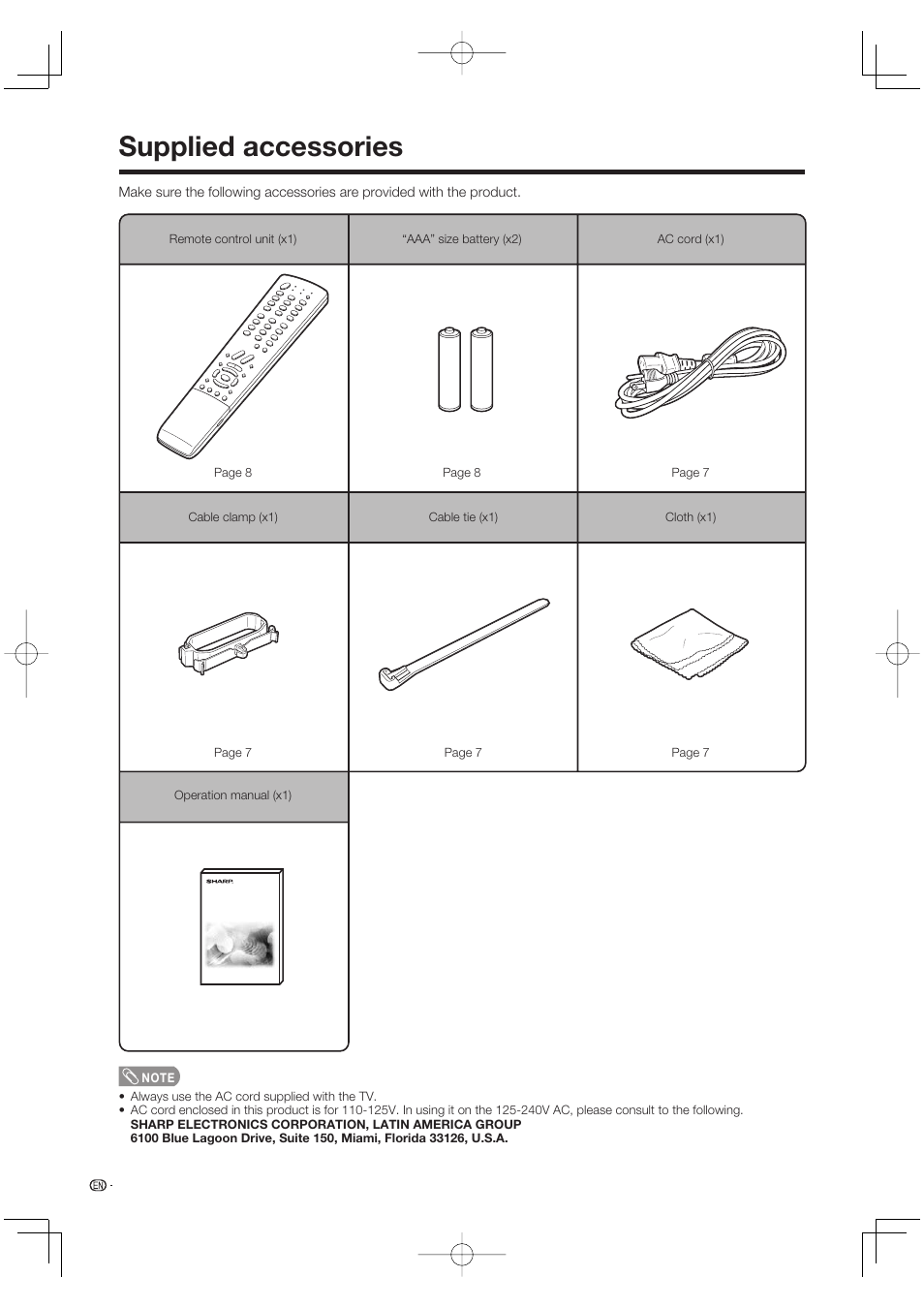 Supplied accessories | Sharp Aquos LC 65D64U User Manual | Page 8 / 70