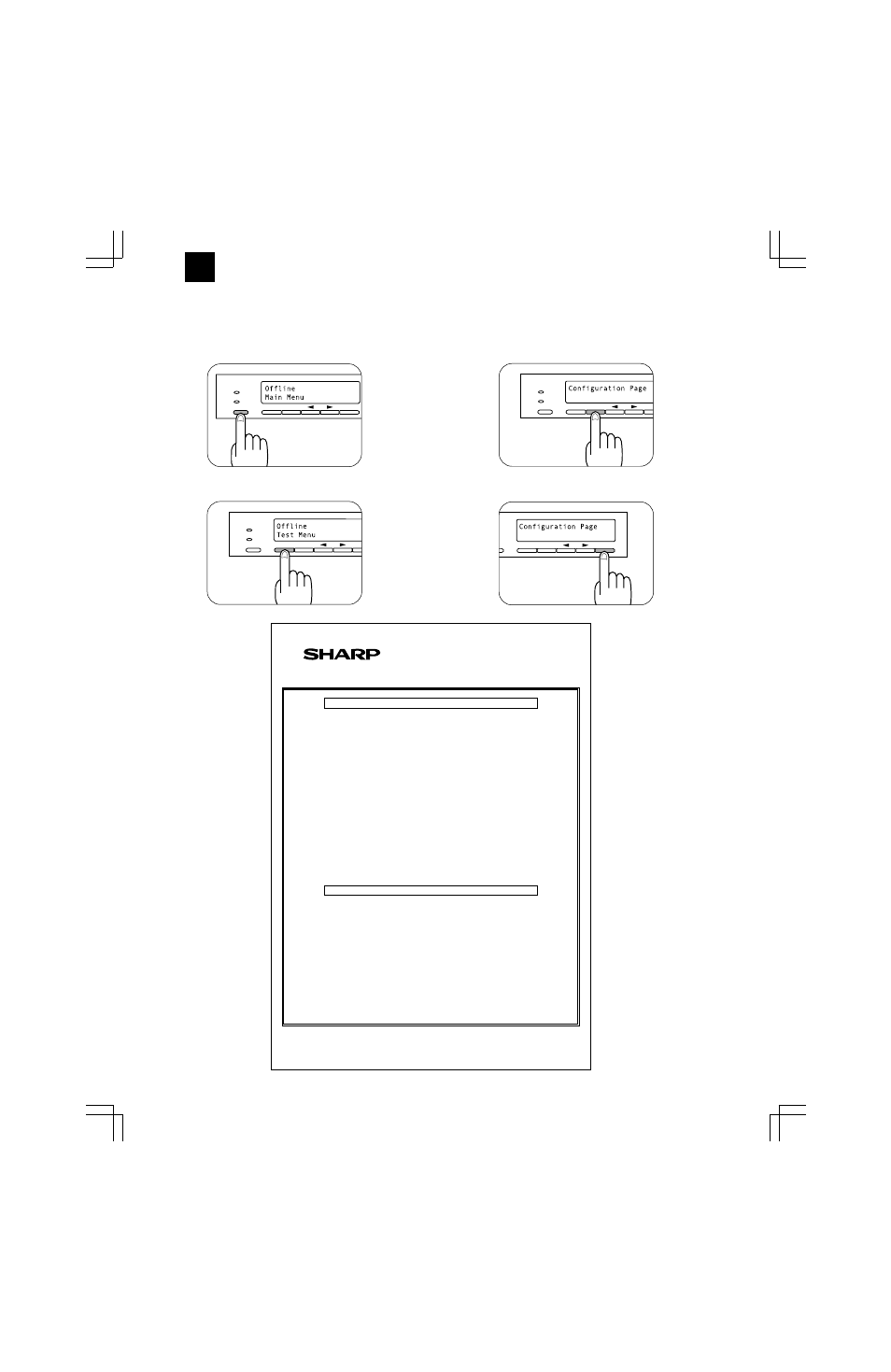 6] configuration report and test page, Samples, Printer configuration page | Ar-pb8 6 – 1 | Sharp AR-PB8 User Manual | Page 20 / 32