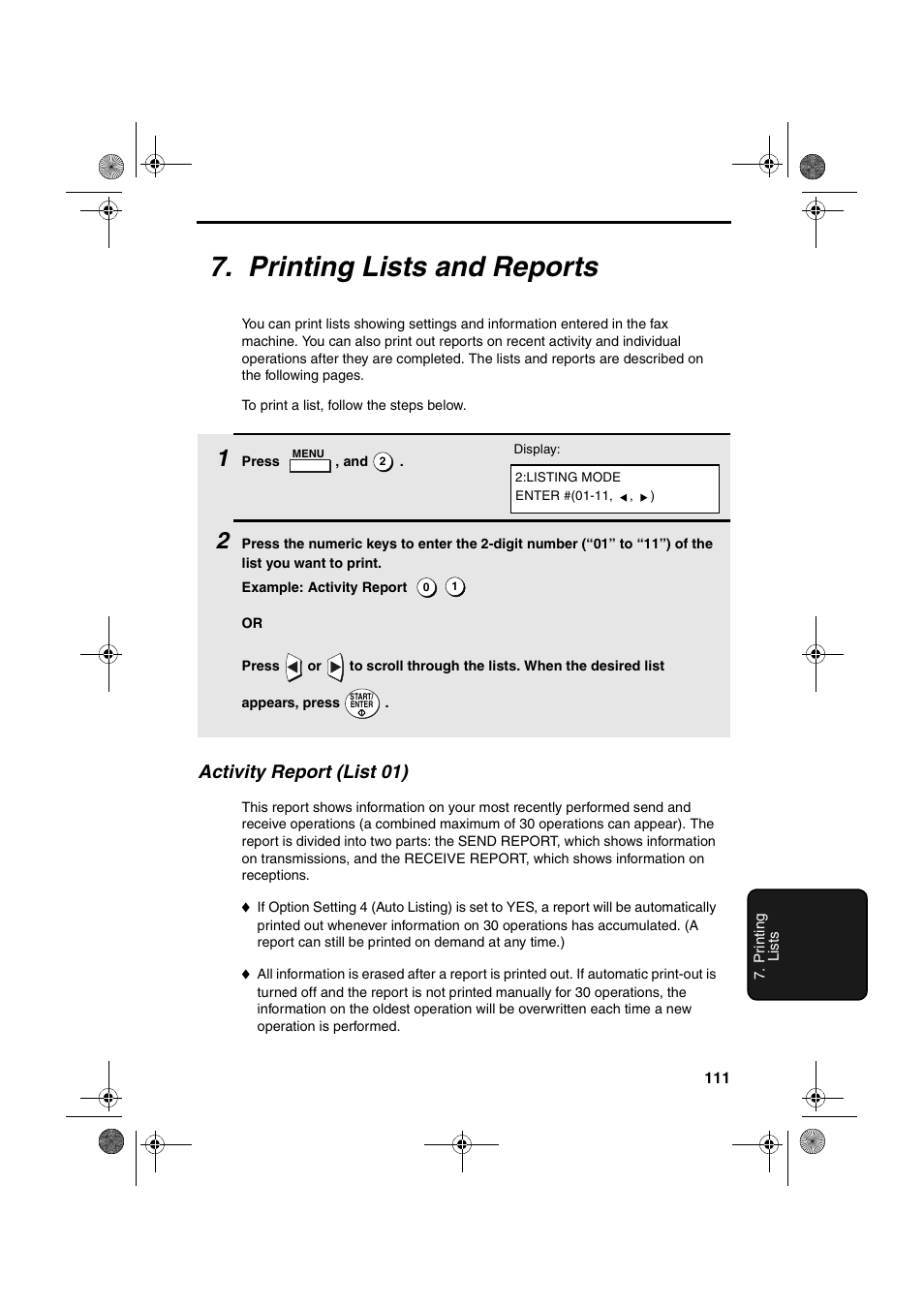 Printing lists and reports, Activity report (list 01) | Sharp FO-4400 User Manual | Page 113 / 140