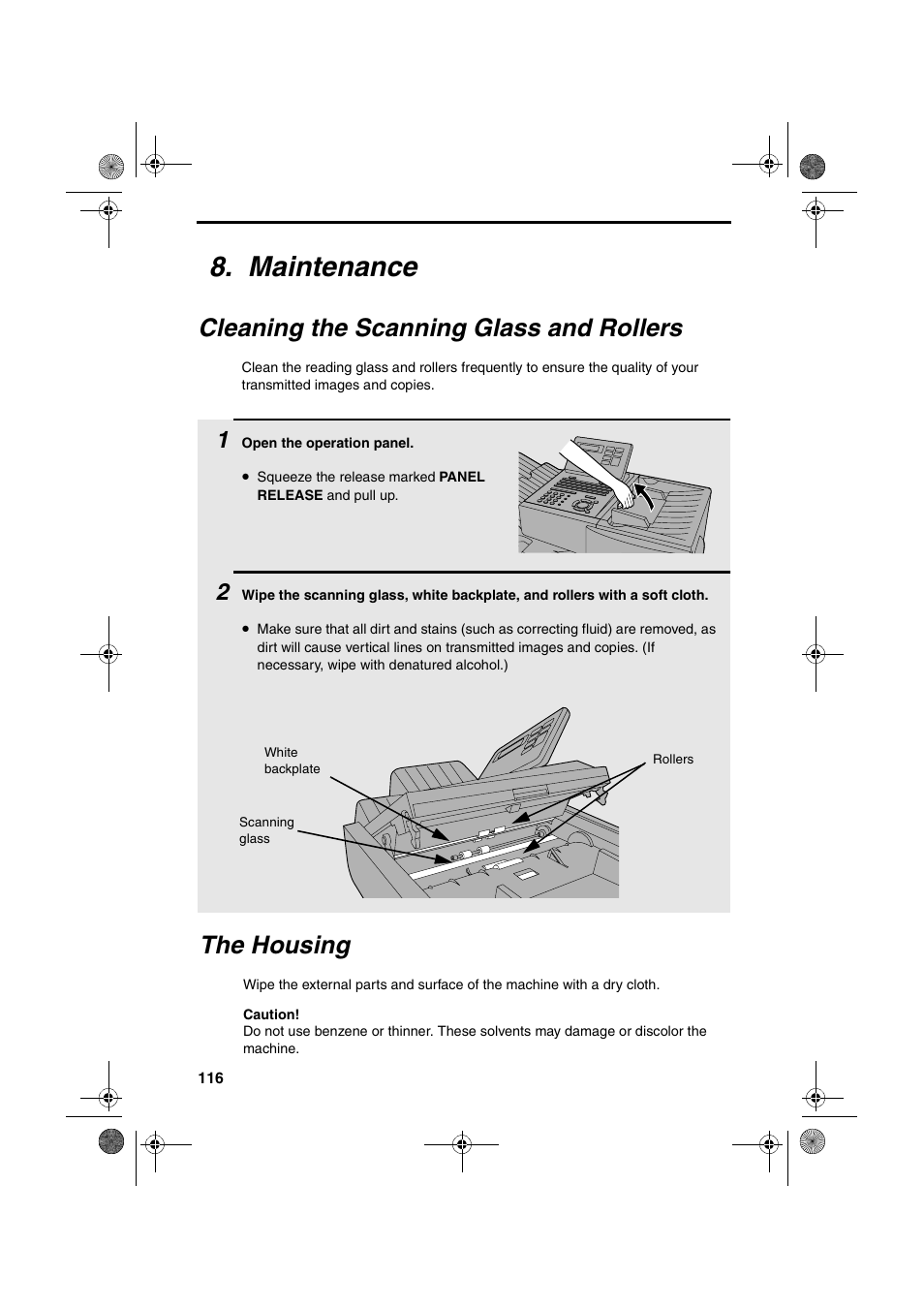 Maintenance, Cleaning the scanning glass and rollers, The housing | Sharp FO-4400 User Manual | Page 118 / 140