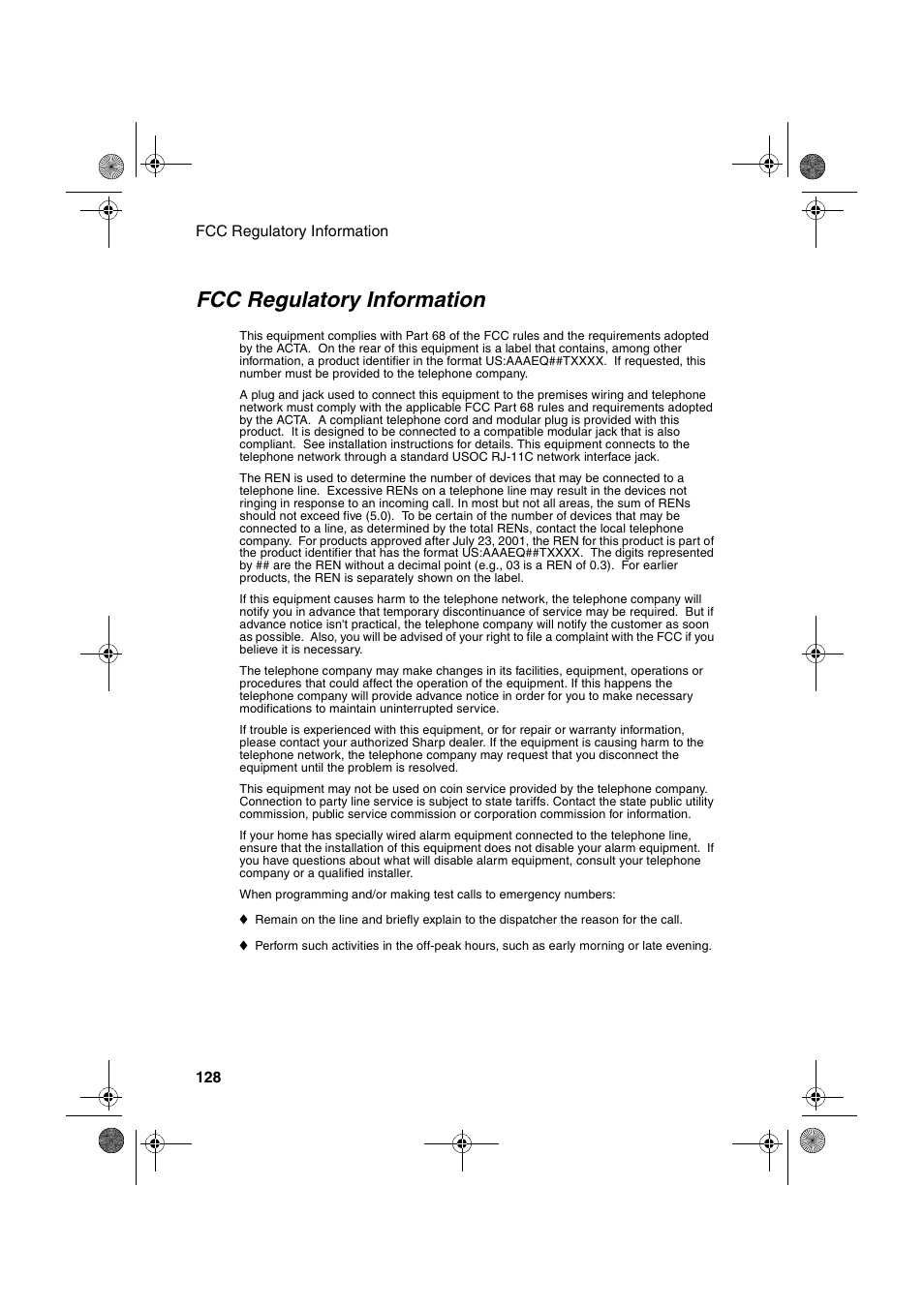 Fcc regulatory information | Sharp FO-4400 User Manual | Page 130 / 140