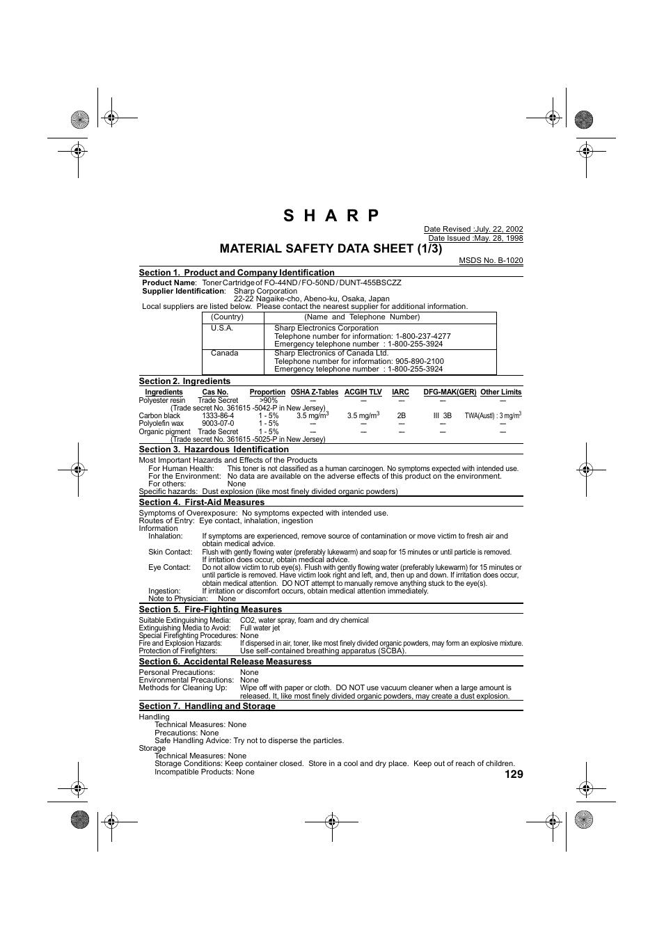 Material safety data sheet (1/3) | Sharp FO-4400 User Manual | Page 131 / 140