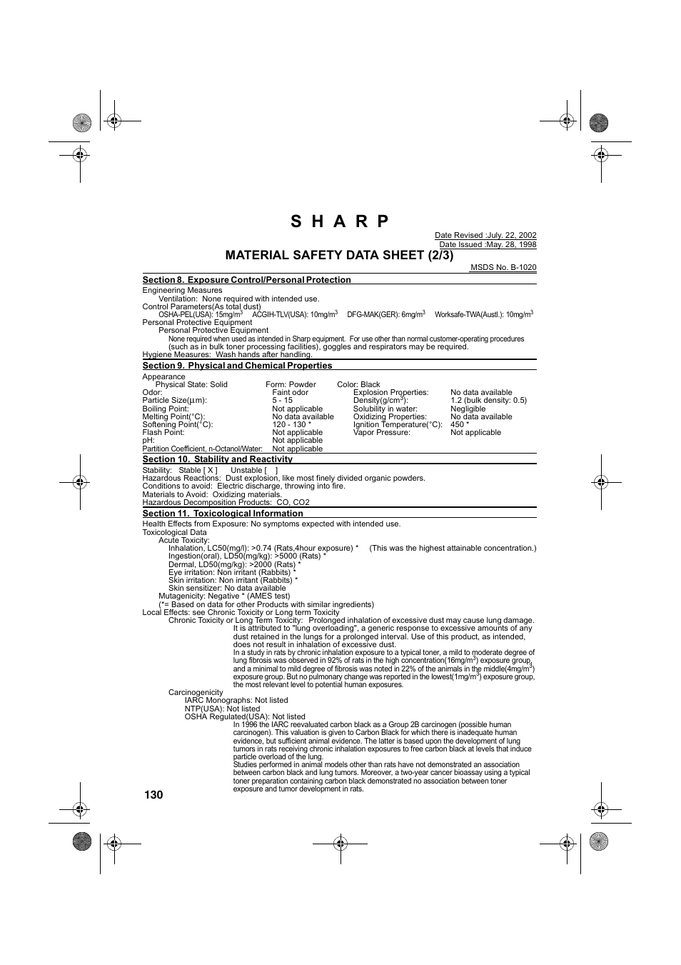 Material safety data sheet (2/3) | Sharp FO-4400 User Manual | Page 132 / 140