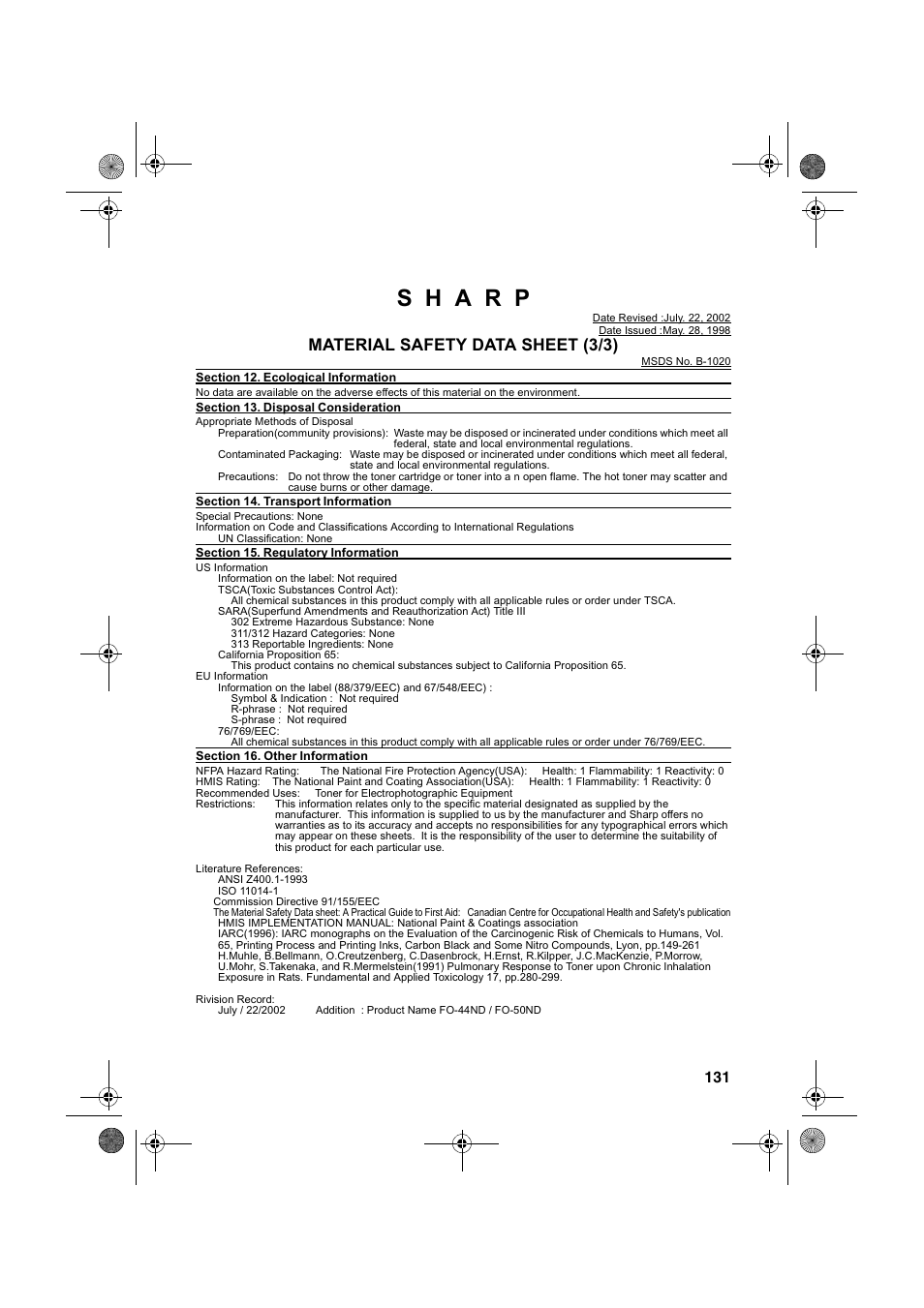 Material safety data sheet (3/3) | Sharp FO-4400 User Manual | Page 133 / 140