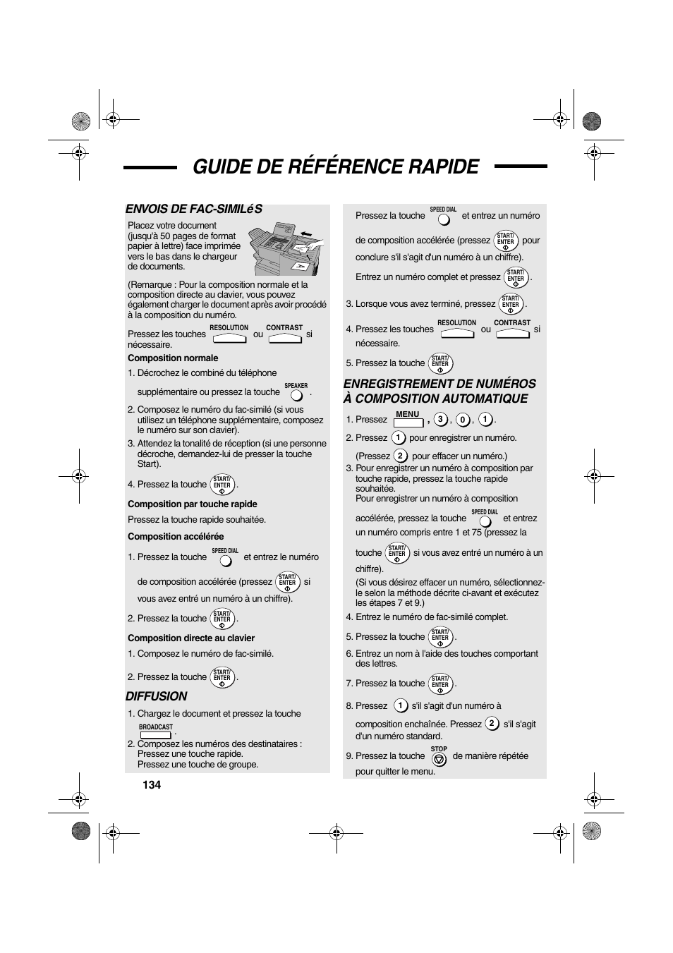 Guide de référence rapide, Envois de fac-similés, Diffusion | Sharp FO-4400 User Manual | Page 136 / 140