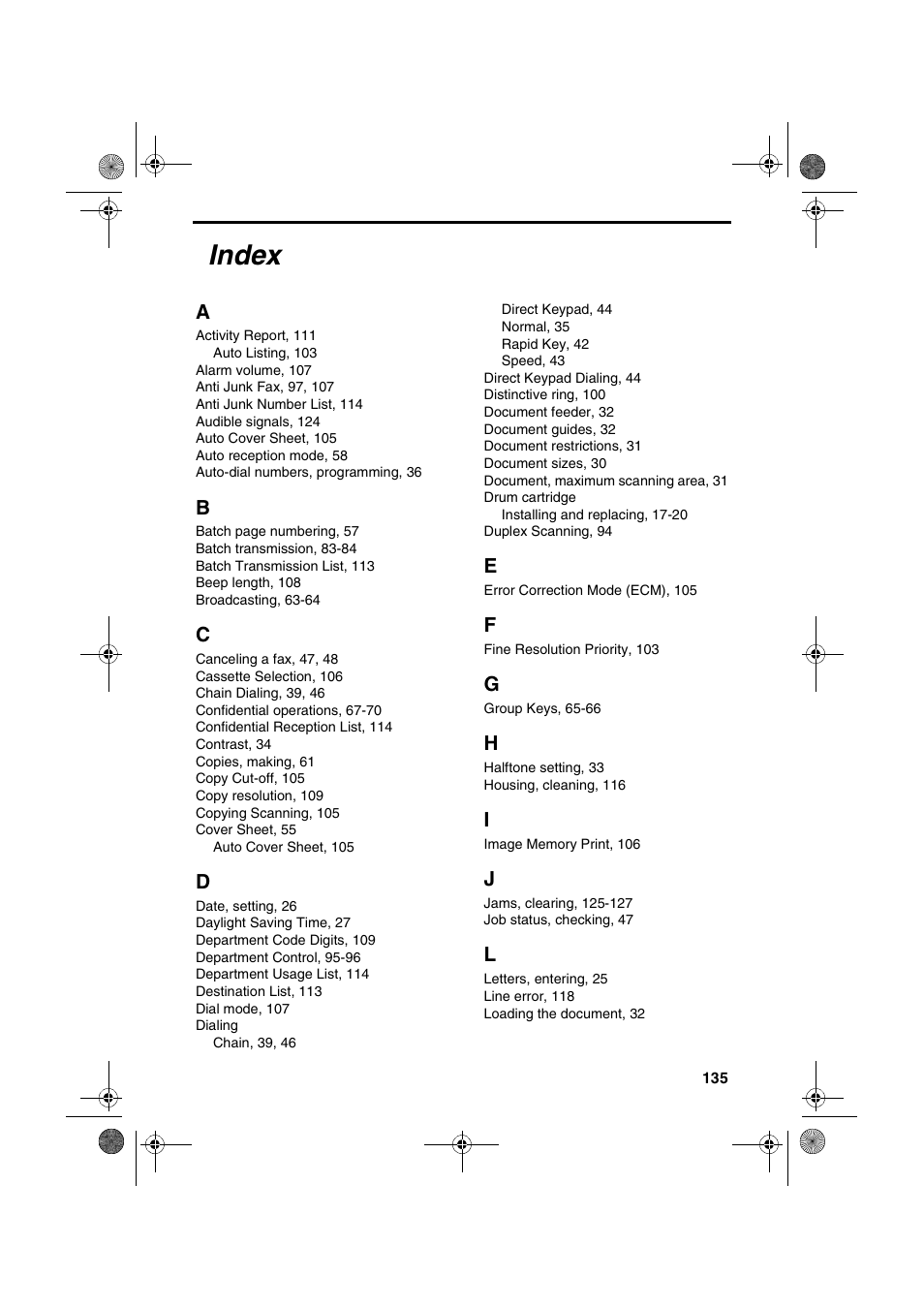 Index | Sharp FO-4400 User Manual | Page 137 / 140