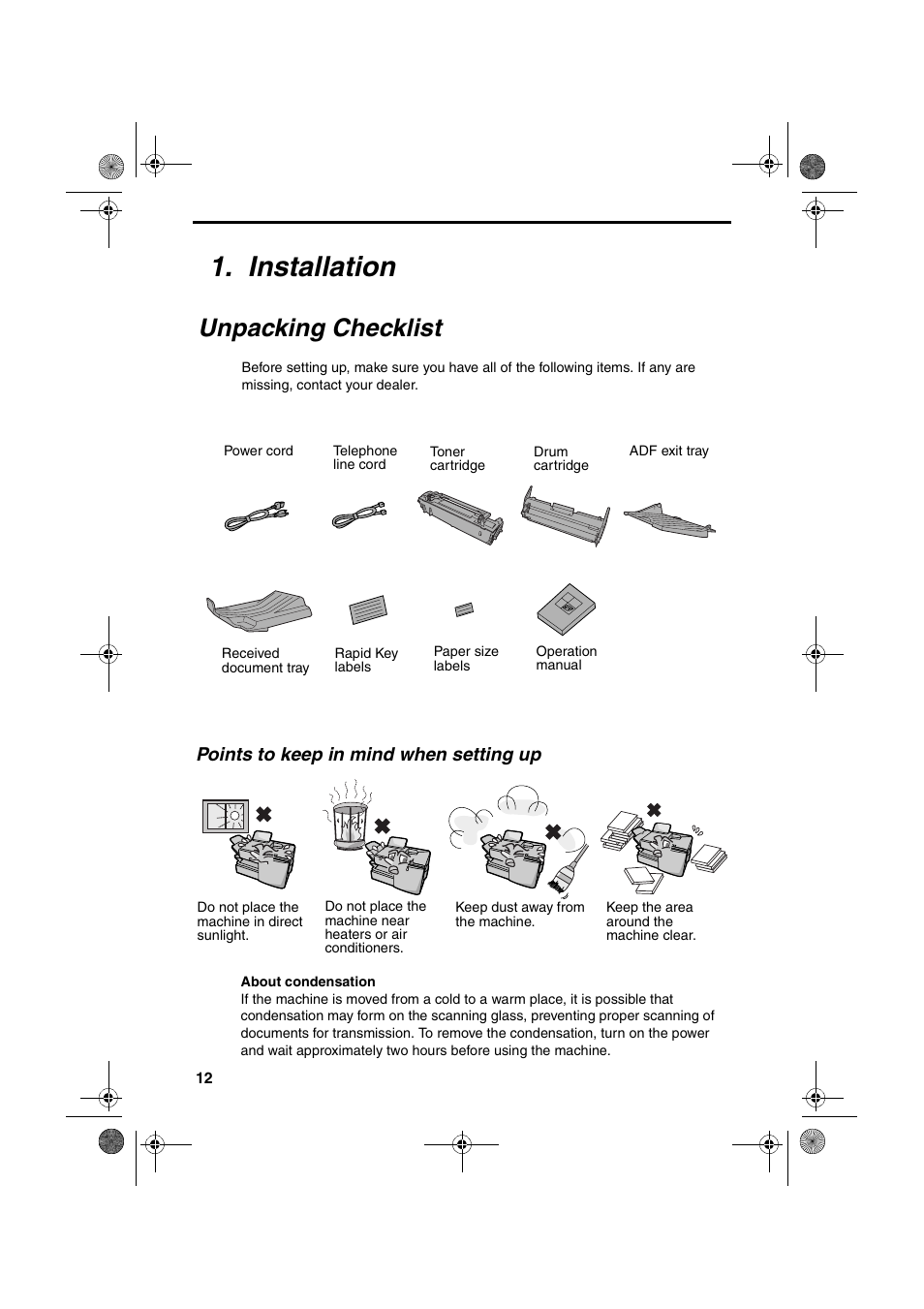 Installation, Unpacking checklist | Sharp FO-4400 User Manual | Page 14 / 140