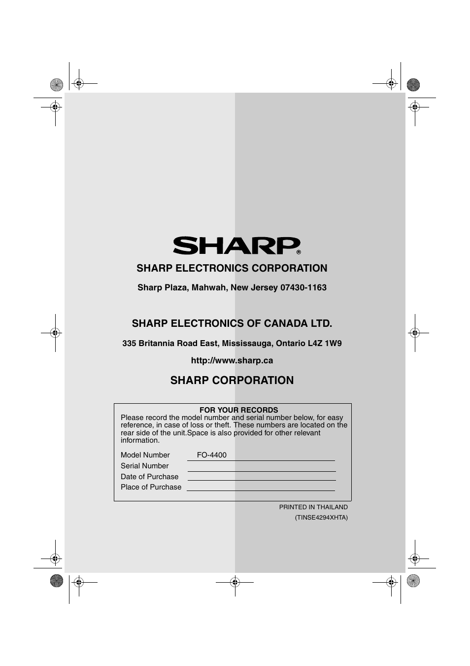 Sharp corporation, Sharp electronics corporation, Sharp electronics of canada ltd | Sharp FO-4400 User Manual | Page 140 / 140