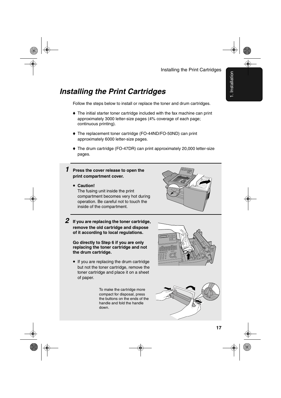 Installing the print cartridges | Sharp FO-4400 User Manual | Page 19 / 140