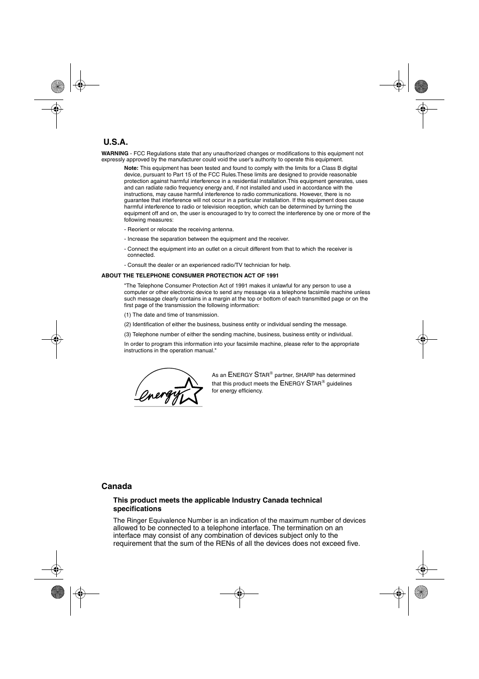 U.s.a. canada | Sharp FO-4400 User Manual | Page 2 / 140