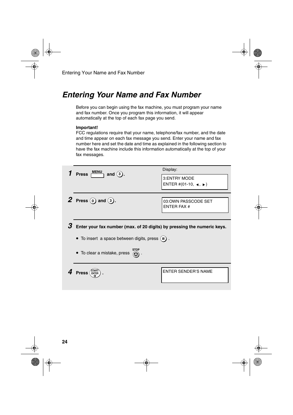 Entering your name and fax number | Sharp FO-4400 User Manual | Page 26 / 140