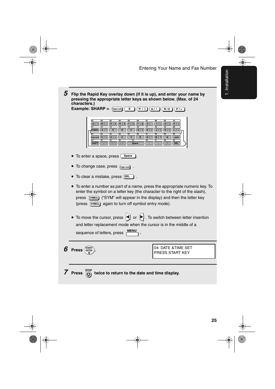 Press, Press twice to return to the date and time display, Date &time set press start key | Sharp FO-4400 User Manual | Page 27 / 140