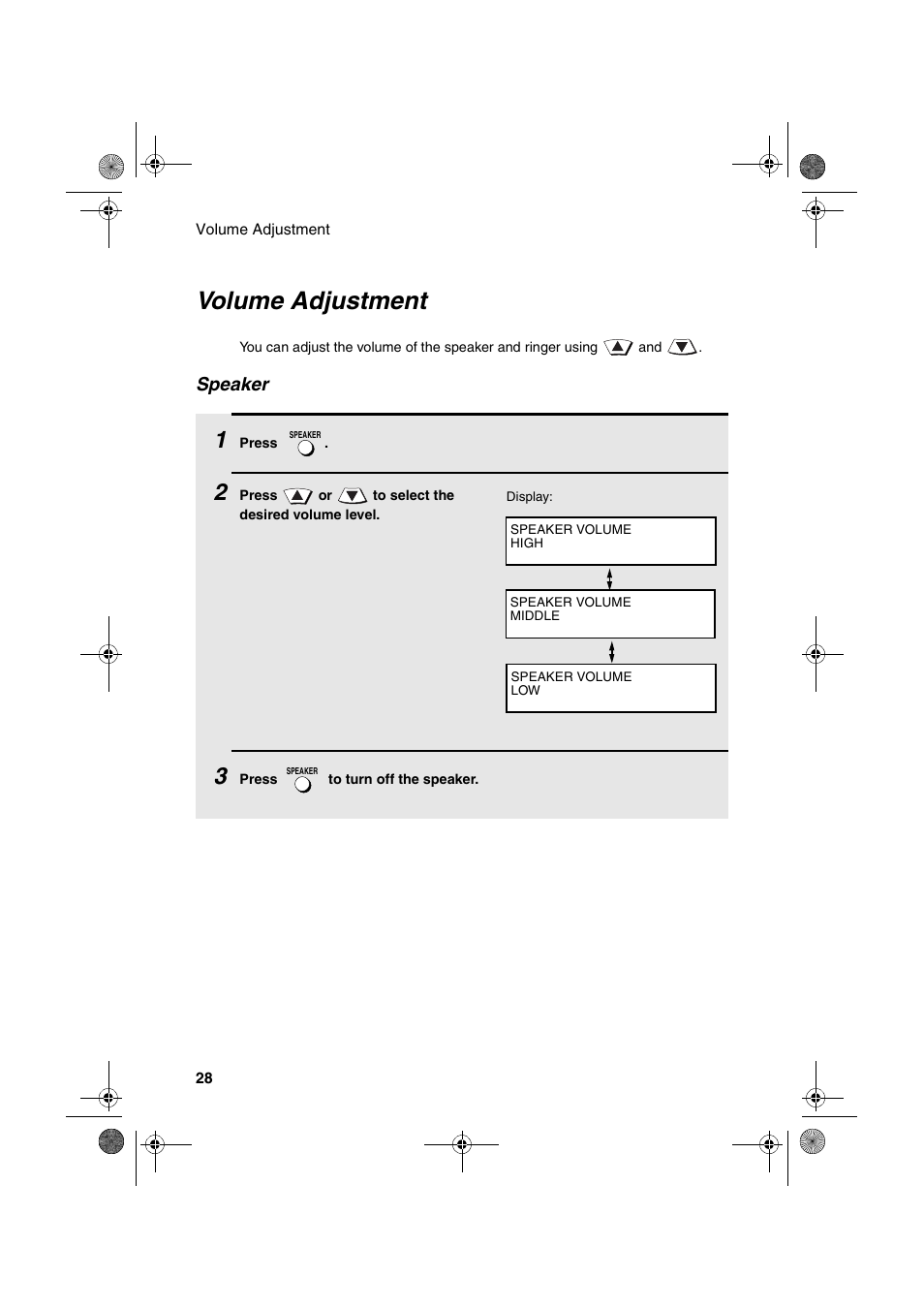 Volume adjustment, Speaker | Sharp FO-4400 User Manual | Page 30 / 140