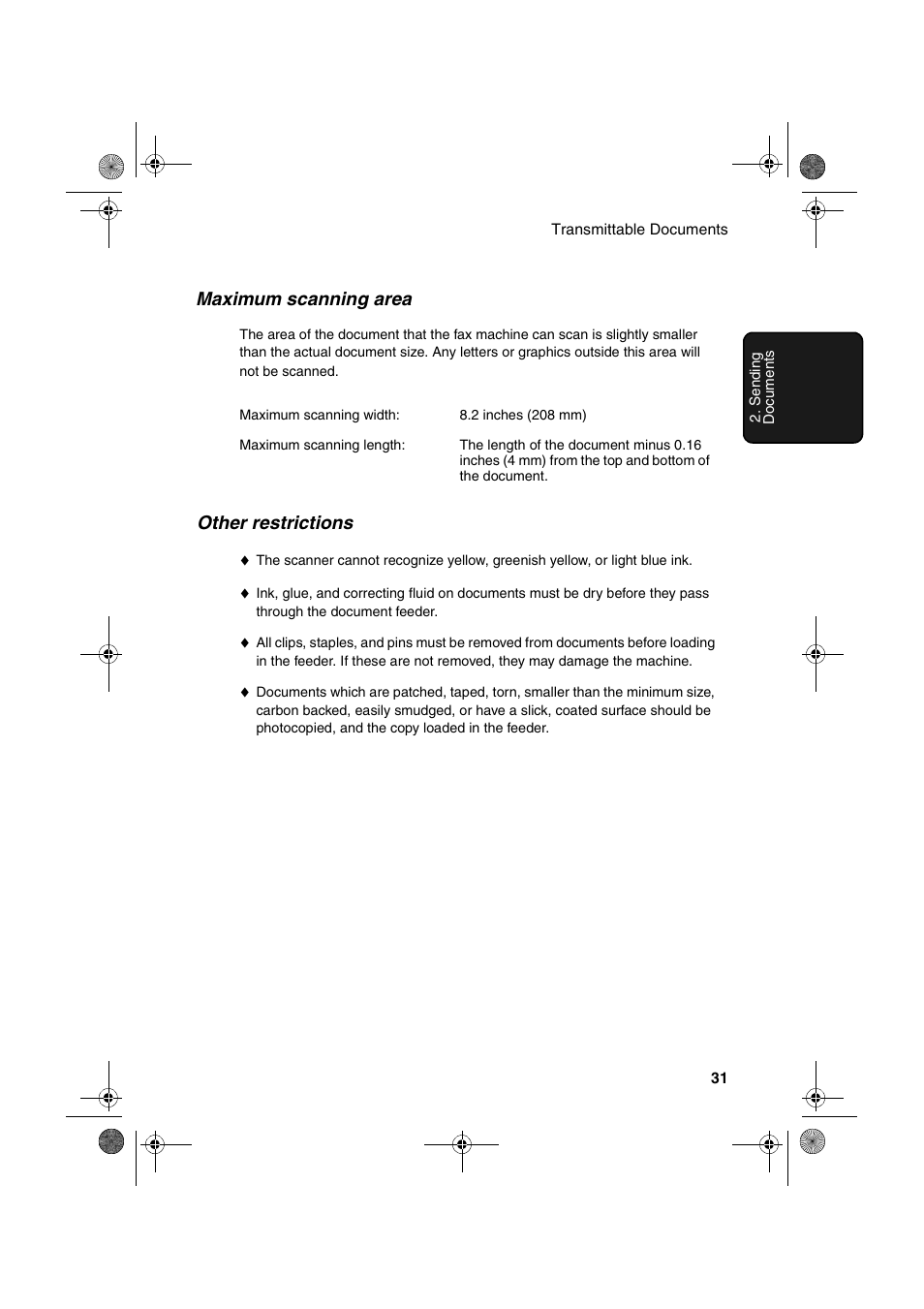 Maximum scanning area, Other restrictions | Sharp FO-4400 User Manual | Page 33 / 140