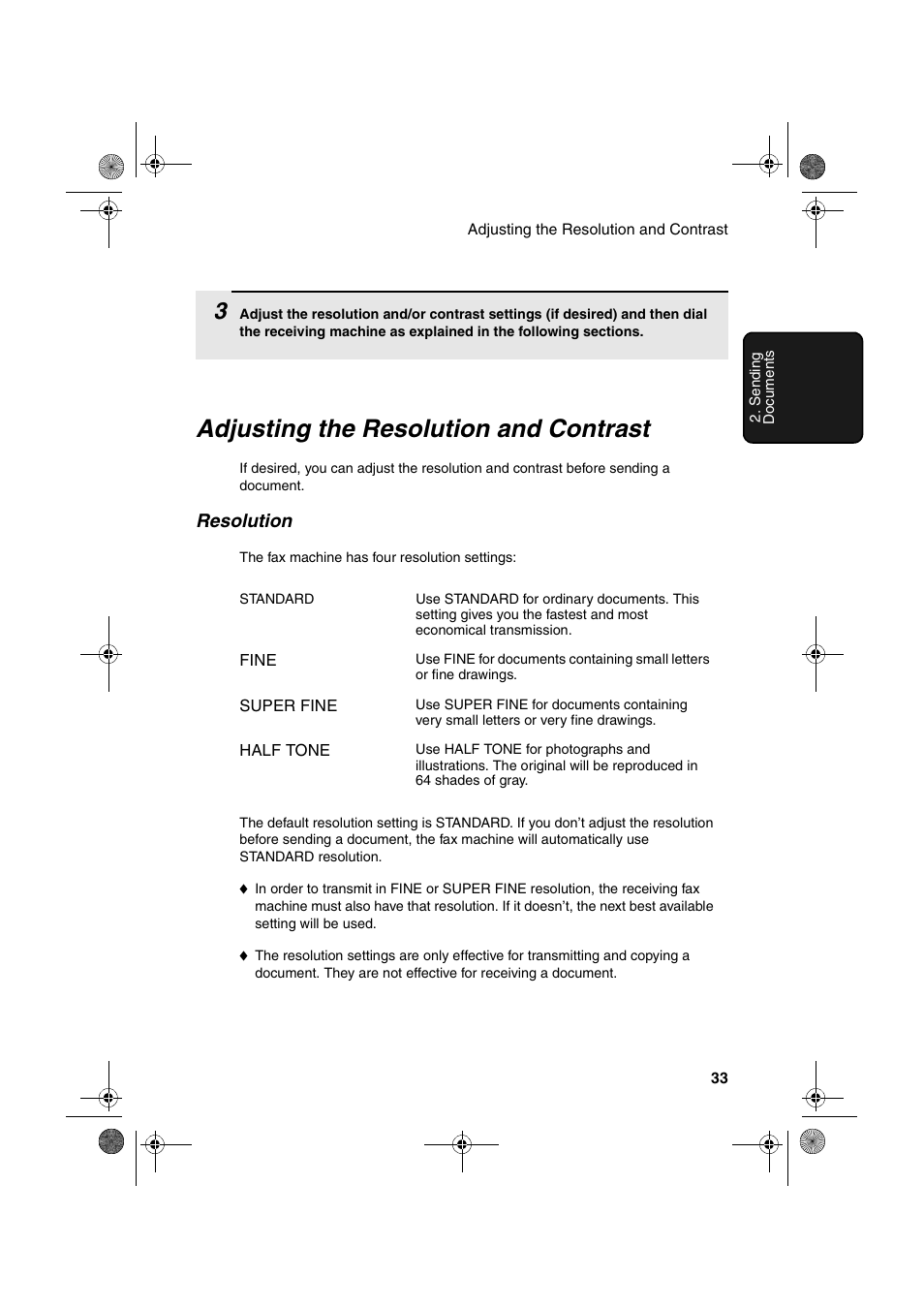 Adjusting the resolution and contrast | Sharp FO-4400 User Manual | Page 35 / 140