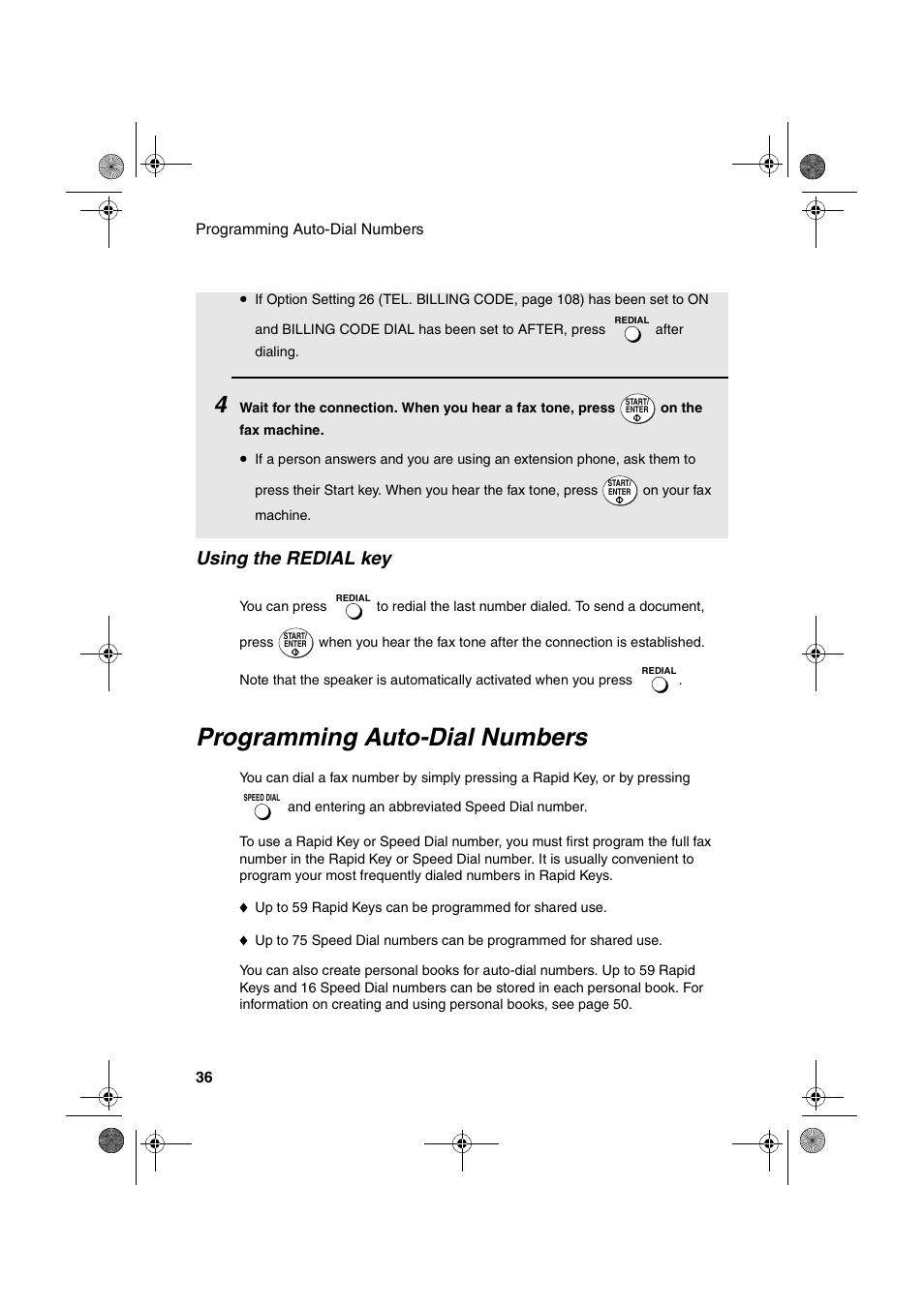 Programming auto-dial numbers, Using the redial key | Sharp FO-4400 User Manual | Page 38 / 140