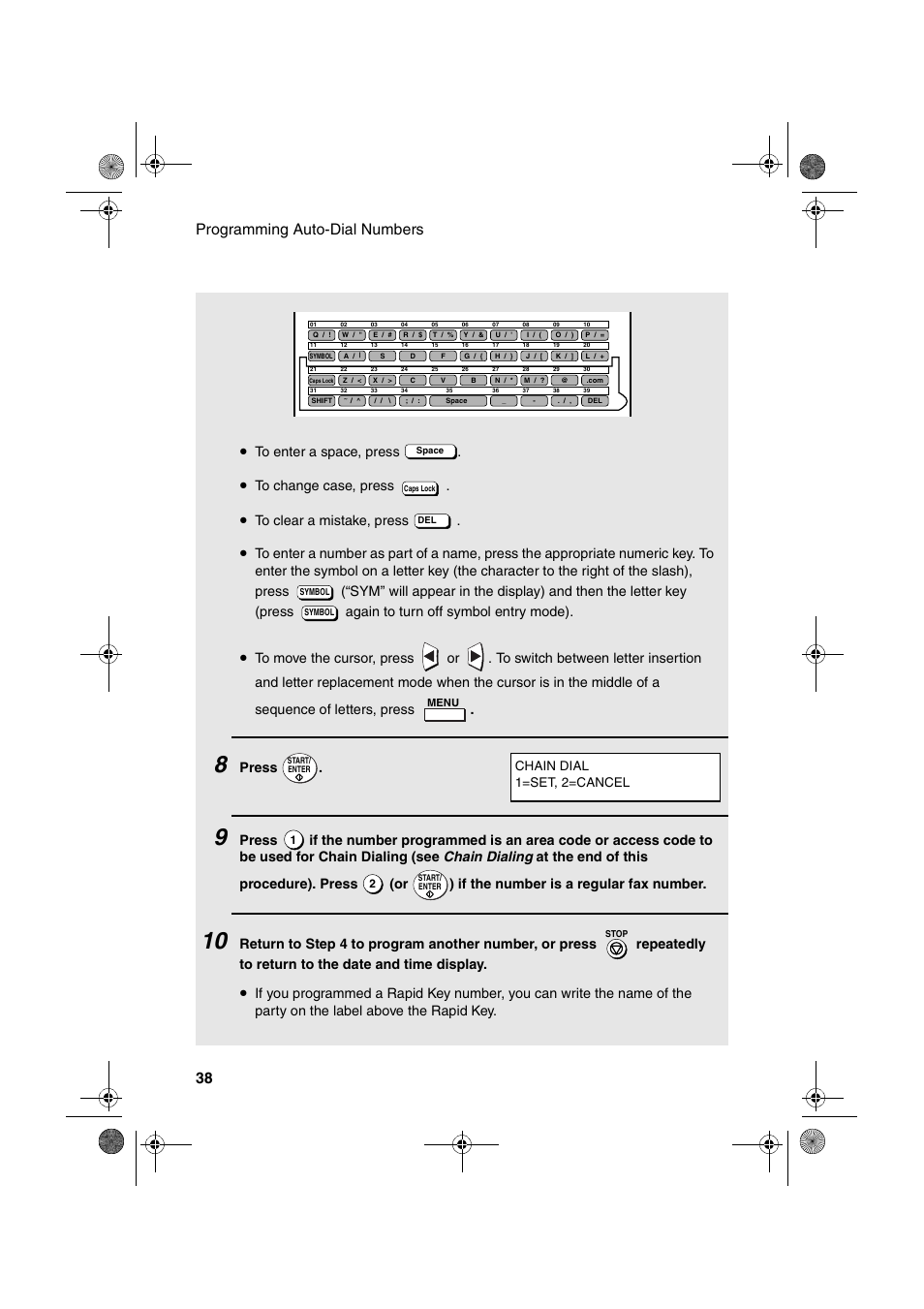 Programming auto-dial numbers 38, Press, Chain dial 1=set, 2=cancel | Sharp FO-4400 User Manual | Page 40 / 140