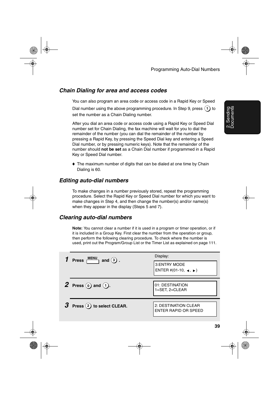 Chain dialing for area and access codes, Editing auto-dial numbers, Clearing auto-dial numbers | Sharp FO-4400 User Manual | Page 41 / 140