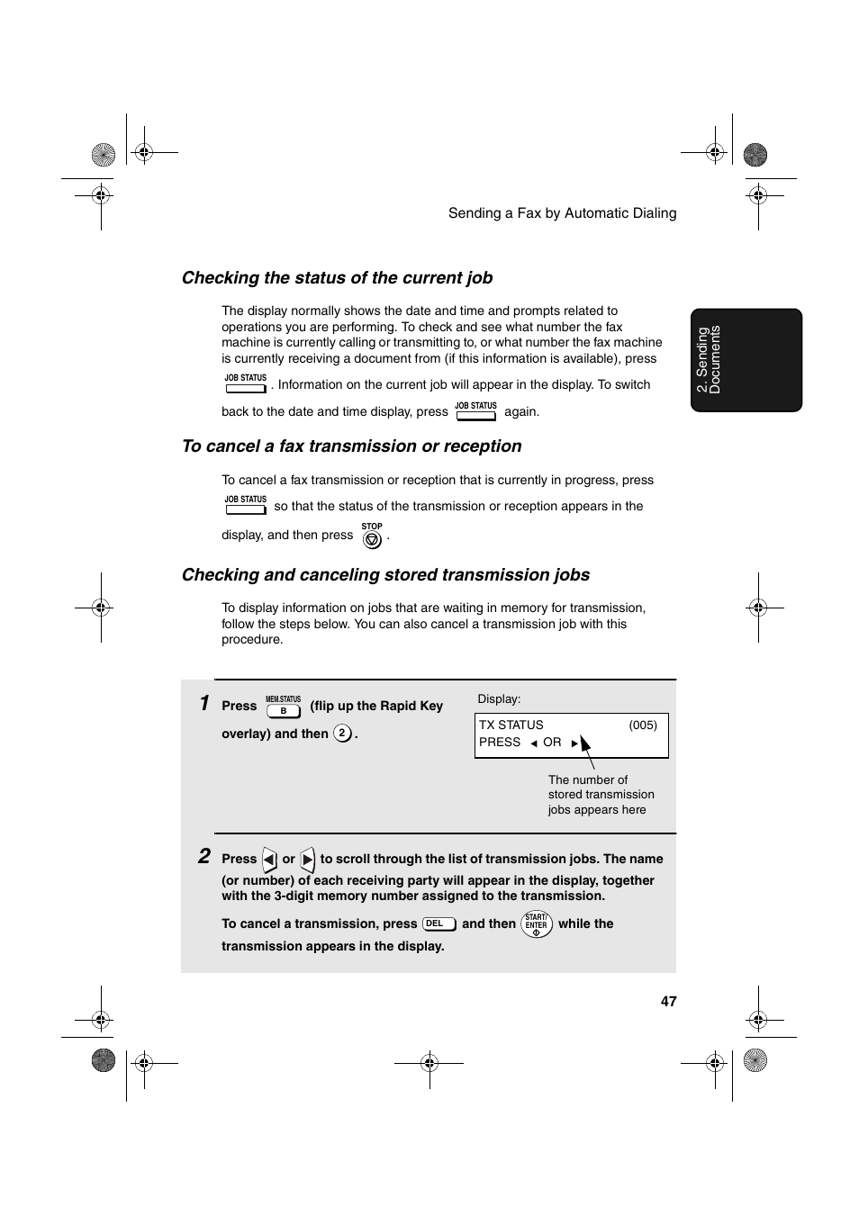 Checking the status of the current job, Checking and canceling stored transmission jobs | Sharp FO-4400 User Manual | Page 49 / 140