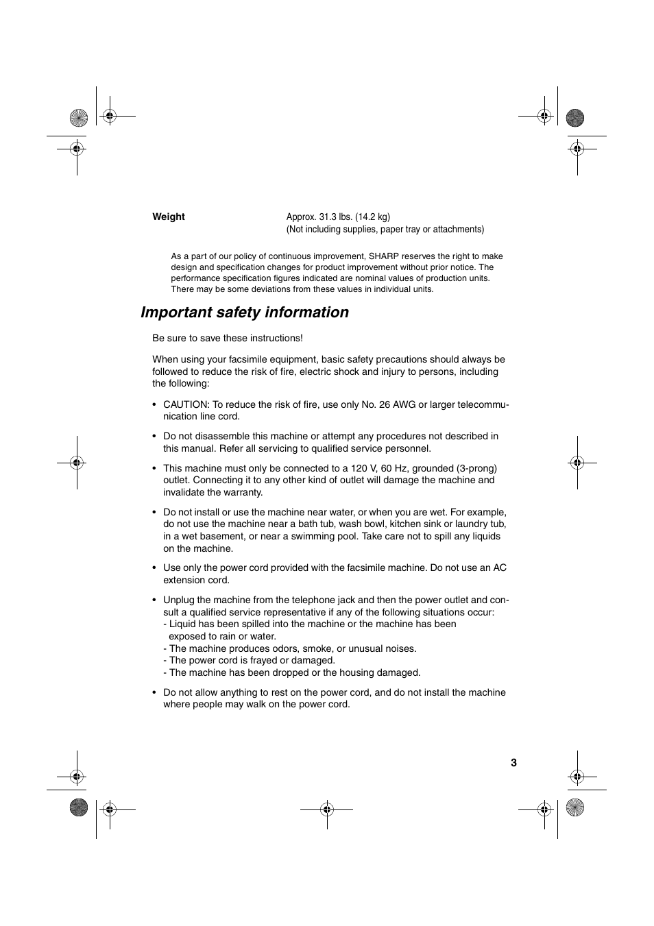 Important safety information | Sharp FO-4400 User Manual | Page 5 / 140