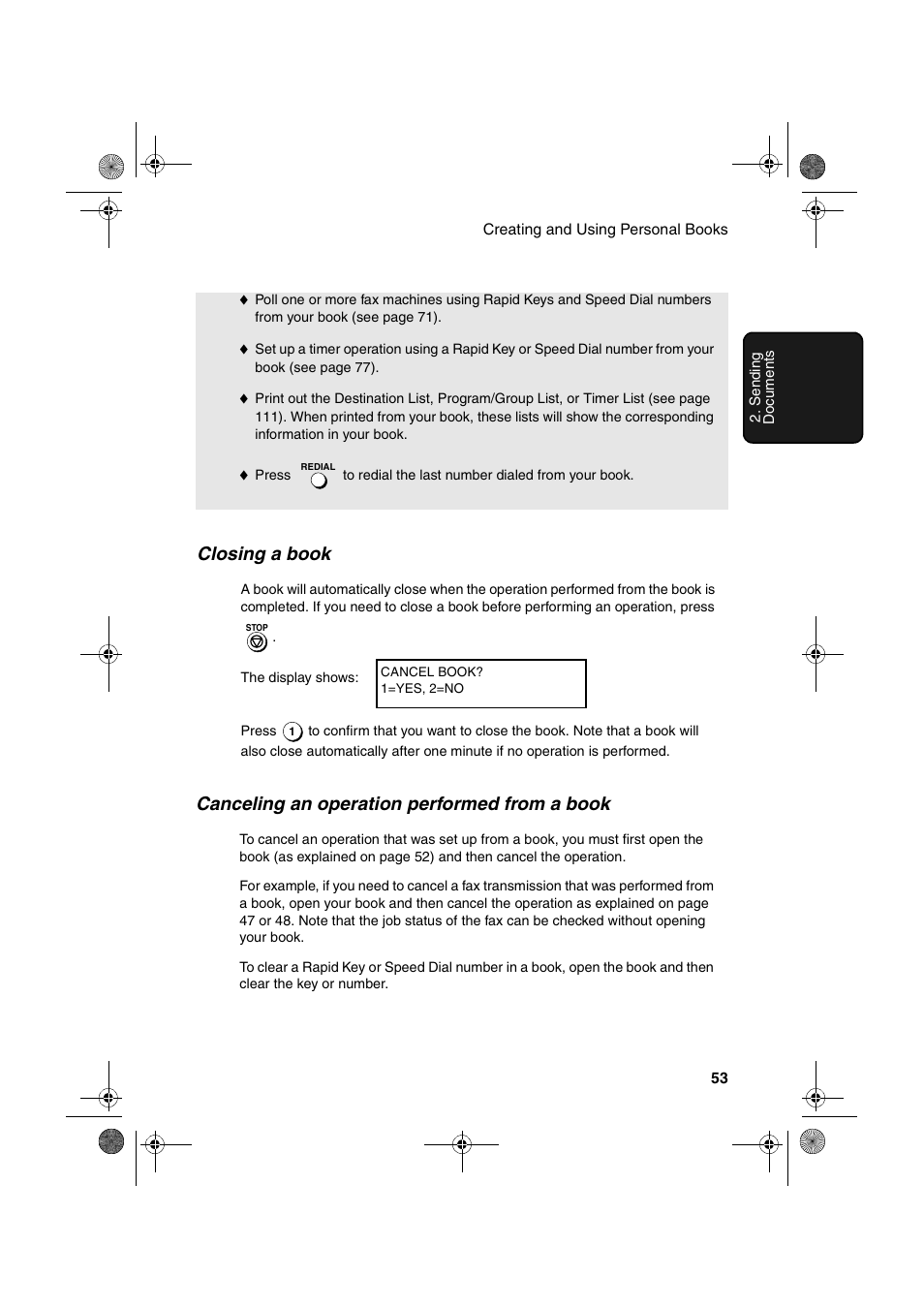 Closing a book, Canceling an operation performed from a book | Sharp FO-4400 User Manual | Page 55 / 140