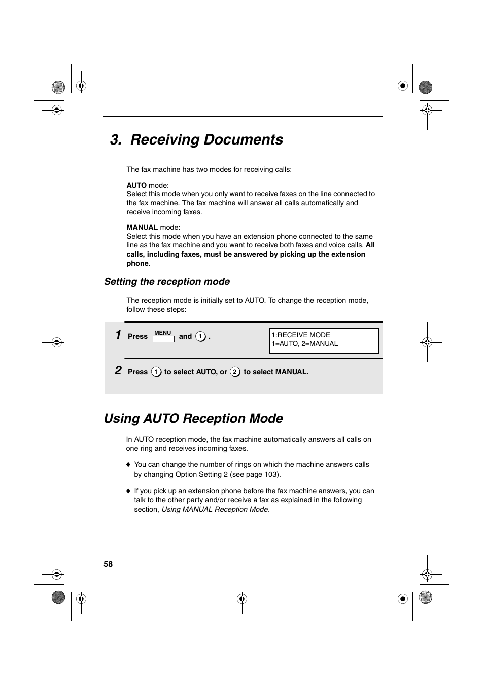 Receiving documents, Using auto reception mode | Sharp FO-4400 User Manual | Page 60 / 140