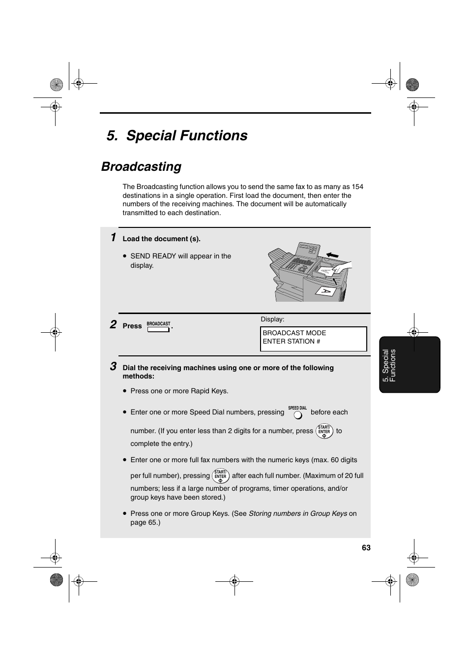 Special functions, Broadcasting | Sharp FO-4400 User Manual | Page 65 / 140