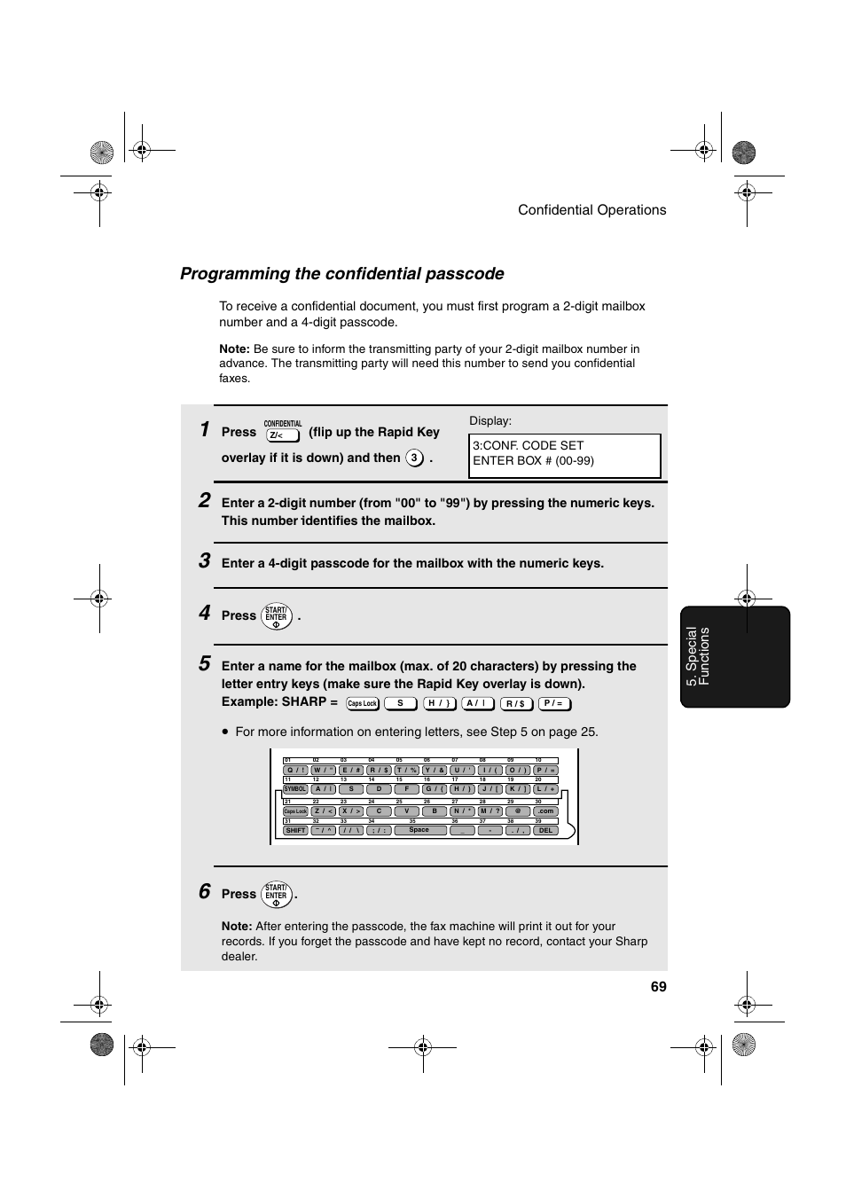 Programming the confidential passcode, Confidential operations 69 5. spec ia l func tions, Press | Conf. code set enter box # (00-99) display | Sharp FO-4400 User Manual | Page 71 / 140