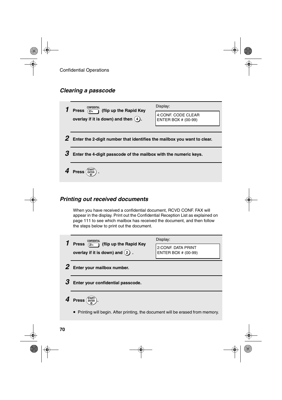 Clearing a passcode, Printing out received documents | Sharp FO-4400 User Manual | Page 72 / 140