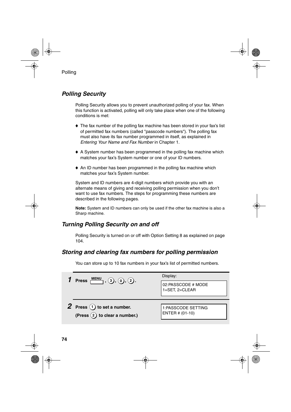 Polling security, Turning polling security on and off | Sharp FO-4400 User Manual | Page 76 / 140