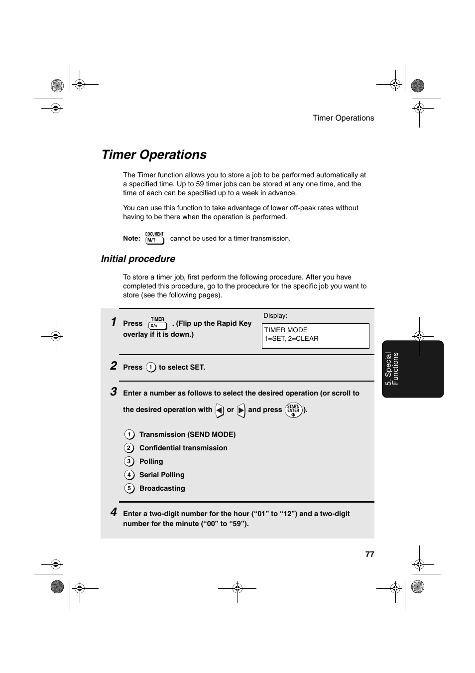 Timer operations, Initial procedure | Sharp FO-4400 User Manual | Page 79 / 140