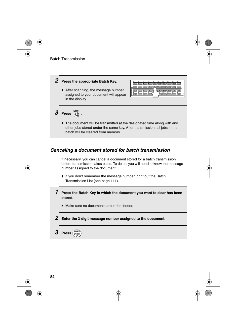 Canceling a document stored for batch transmission, Batch transmission 84, Press the appropriate batch key | Press, Make sure no documents are in the feeder | Sharp FO-4400 User Manual | Page 86 / 140