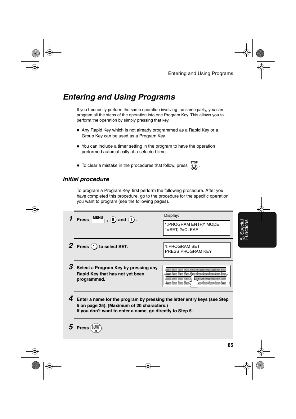 Entering and using programs, Initial procedure, Press , and | Press to select set, Press | Sharp FO-4400 User Manual | Page 87 / 140