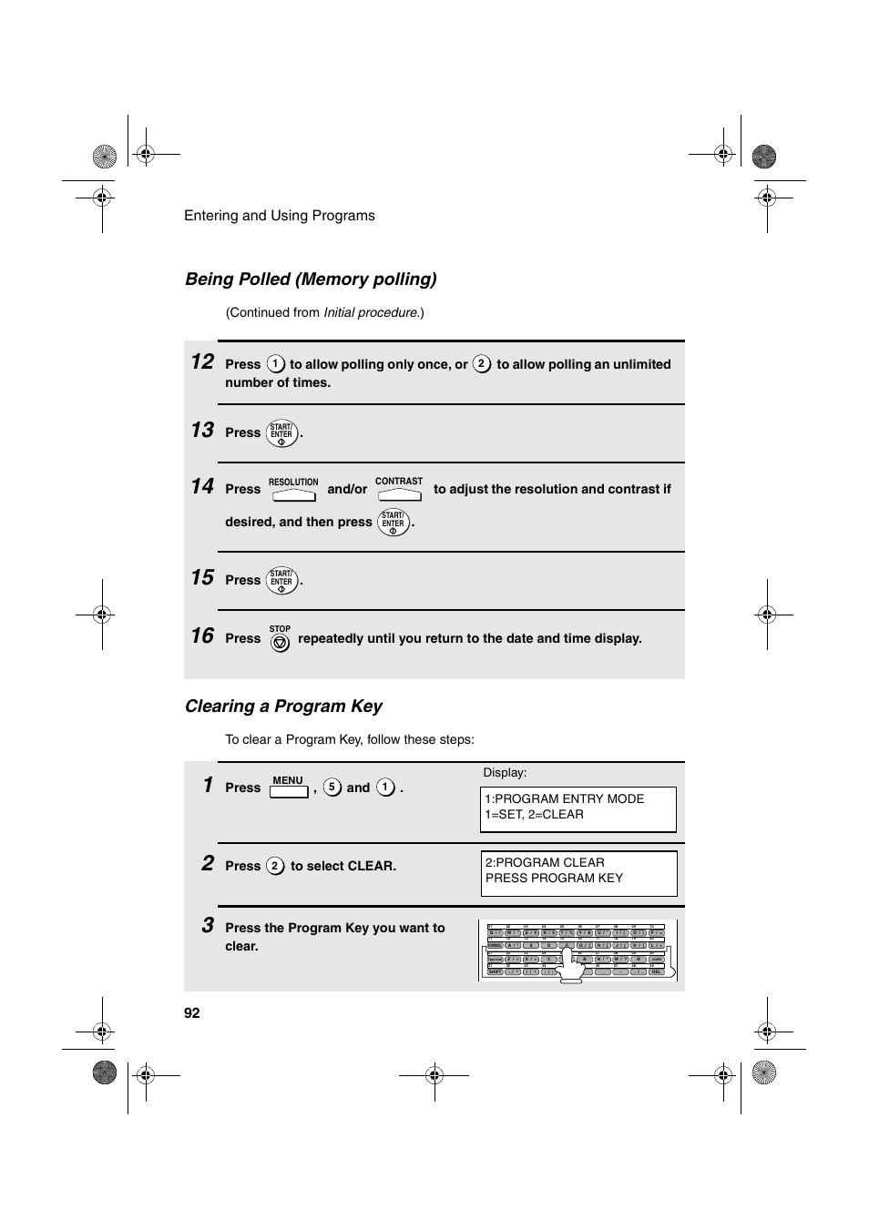 Clearing a program key, Entering and using programs 92, Continued from initial procedure .) | Press, Press , and, Press to select clear, Press the program key you want to clear | Sharp FO-4400 User Manual | Page 94 / 140