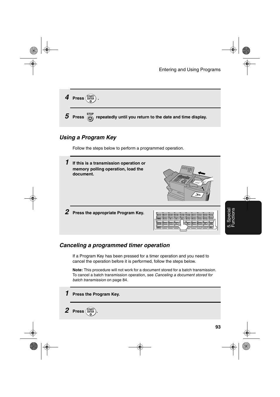 Using a program key, Canceling a programmed timer operation, Press | Press the appropriate program key, Press the program key | Sharp FO-4400 User Manual | Page 95 / 140