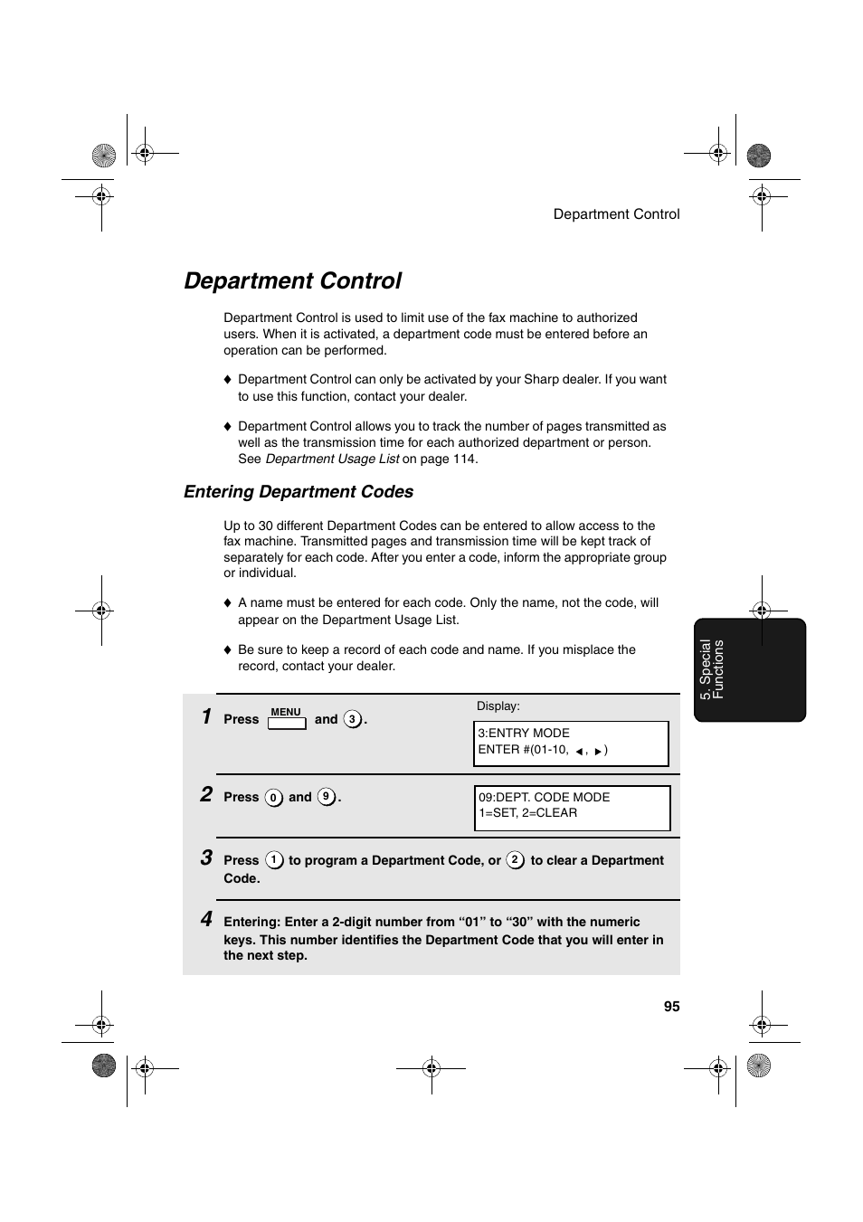 Department control, Entering department codes | Sharp FO-4400 User Manual | Page 97 / 140