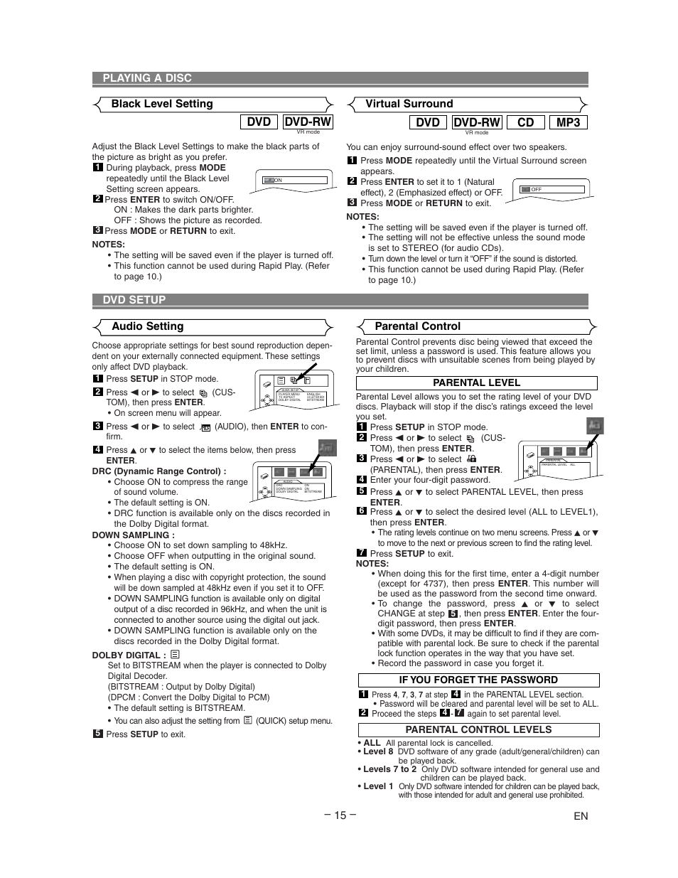 Dvd-rw dvd, Mp3 cd dvd-rw dvd, Black level setting | Virtual surround, Playing a disc dvd setup audio setting, Parental control | Sharp DV-SL80U User Manual | Page 15 / 24