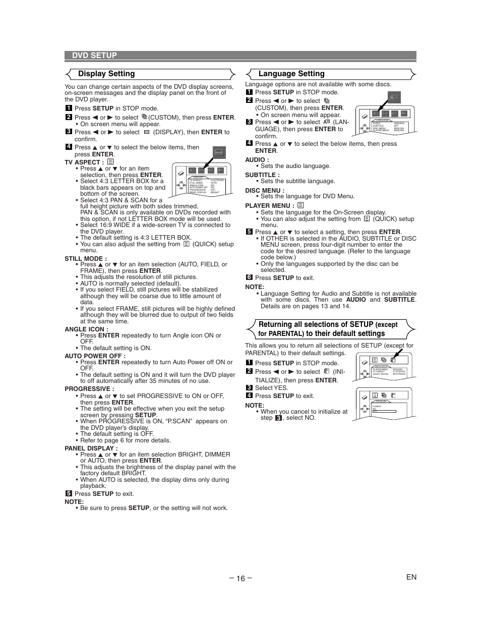 Language setting, Returning all selections of setup, Dvd setup display setting | Sharp DV-SL80U User Manual | Page 16 / 24